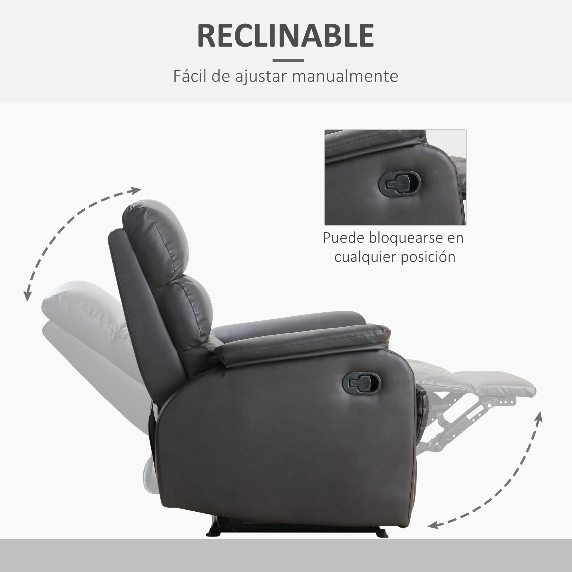 Manual Reclining Relax Armchair Upholstered in PU with Retractable Footrest Extra Padded Seat and Backrest for Living Room Office Bedroom 75x92x99 cm Brown