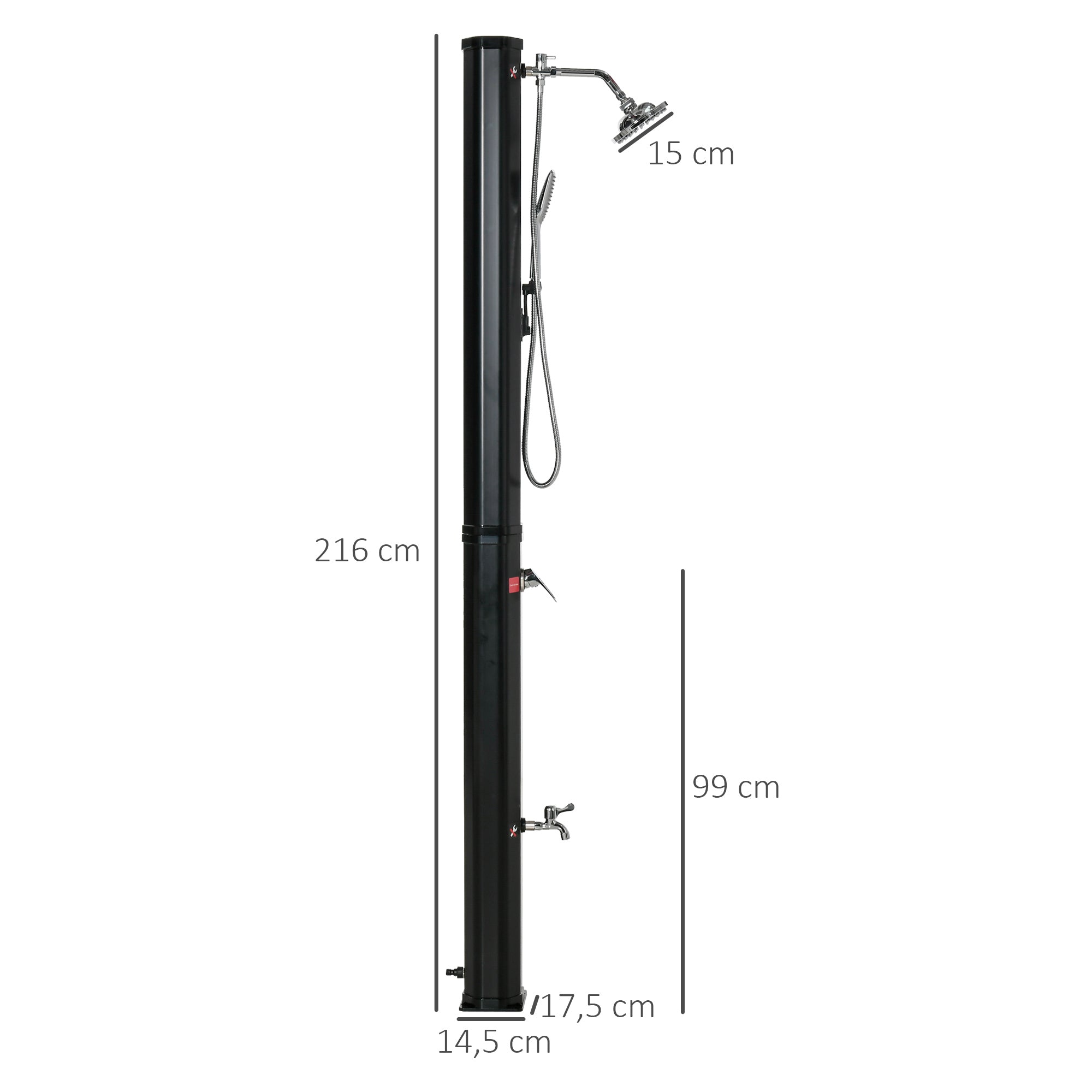 Outdoor Solar Shower 35 L Garden Shower with 2 Showerheads Hot and Cold Water 0-55°C for Pool Patio Beach 17.5x14.5x216 cm Black
