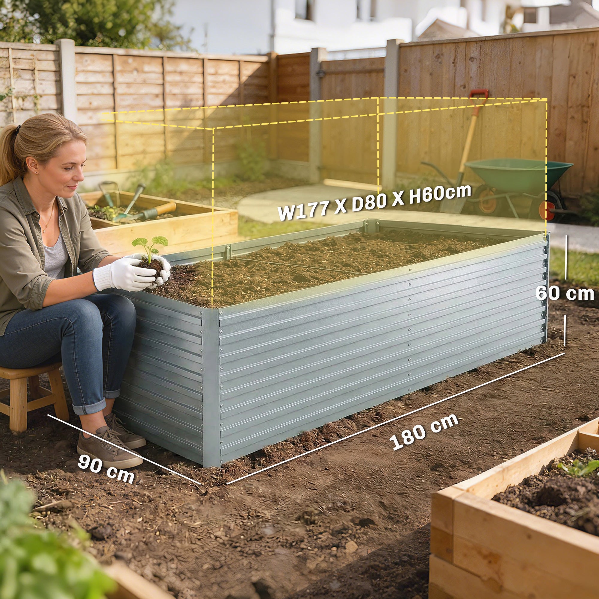 Galvanized Steel Raised Bed 2-Pack 180 x 90 x 60 cm (71 x 35 x 24 in) — Rectangular Deep Planters with Support Rods, Open Bottom, Gloves, Raised Bed Kit for Vegetables, Fruit, Flowers, Herbs — Silver