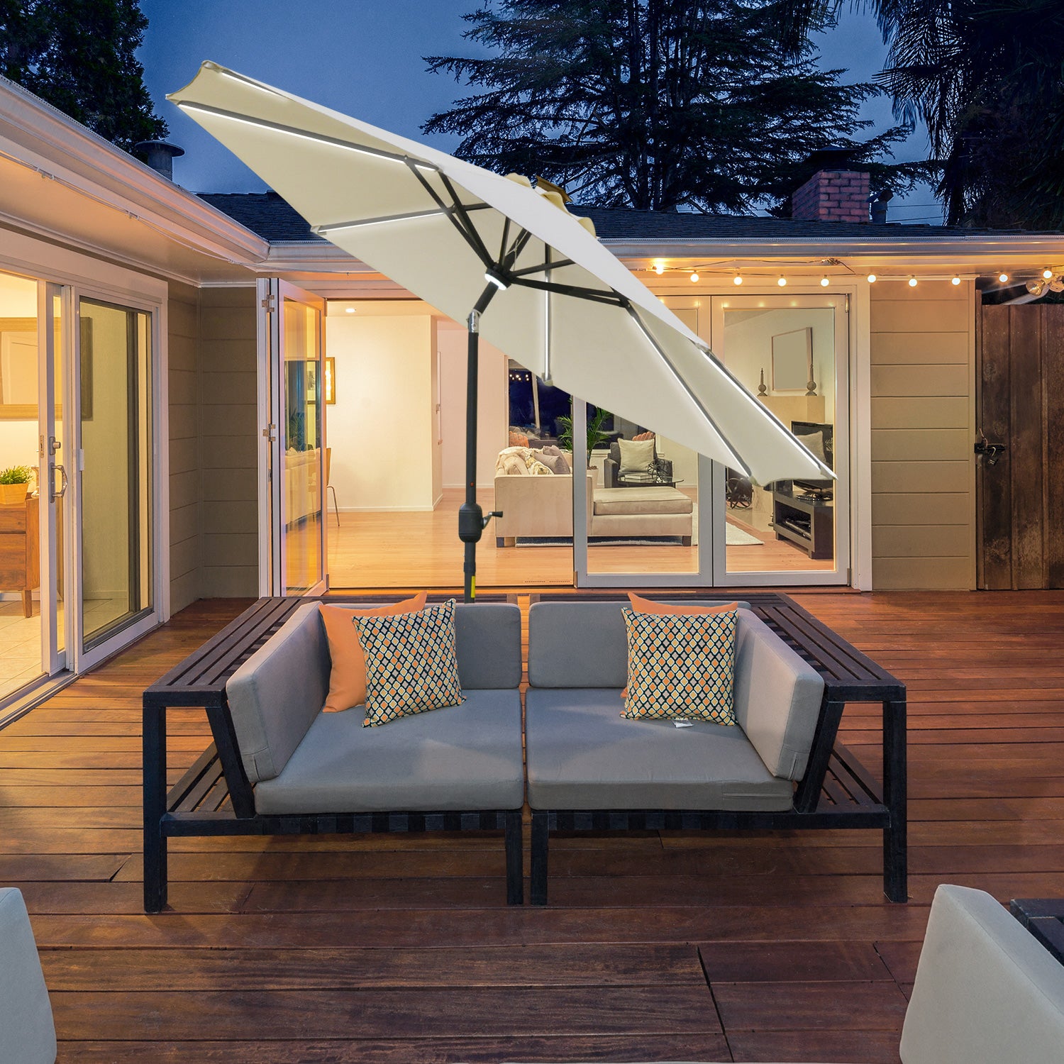 Garden Umbrella Φ270 x 245cm with Crank and Tilt, LED Lights and Solar Panel, Cream White
