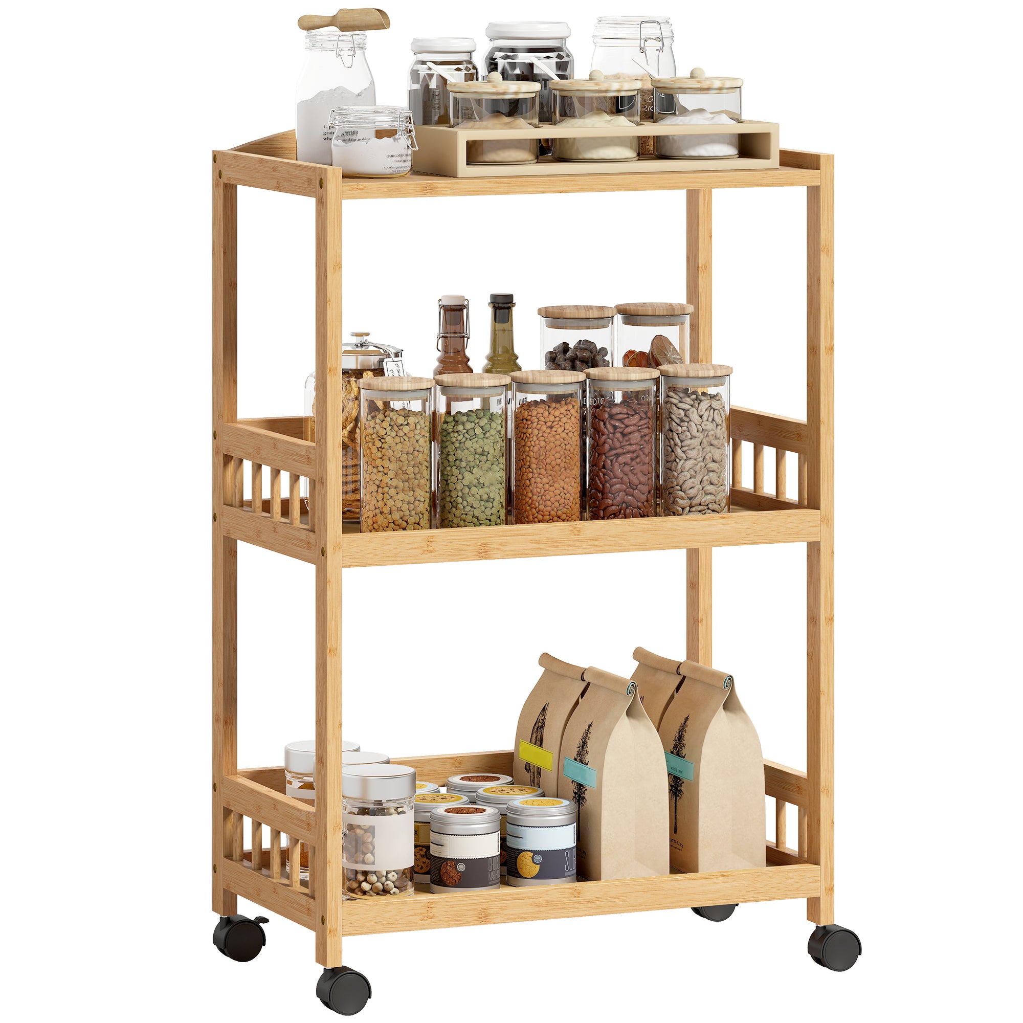 3-Tier Rolling Kitchen Cart — Bamboo Serving Trolley with Storage Shelves on Wheels, All-Purpose Rolling Cart for Kitchen, Bathroom, Office & Living Room, Natural Wood