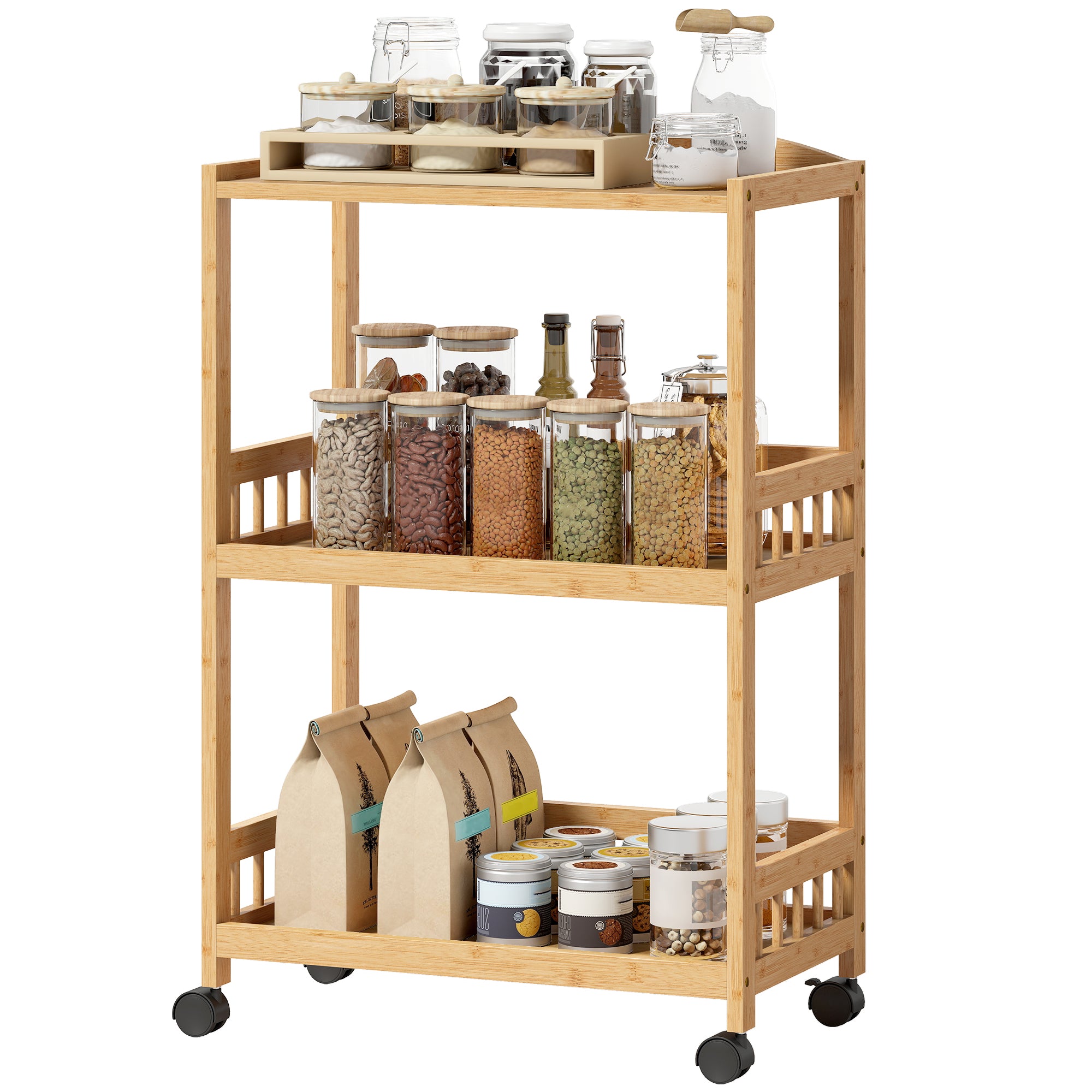 3-Tier Rolling Kitchen Cart — Bamboo Serving Trolley with Storage Shelves on Wheels, All-Purpose Rolling Cart for Kitchen, Bathroom, Office & Living Room, Natural Wood