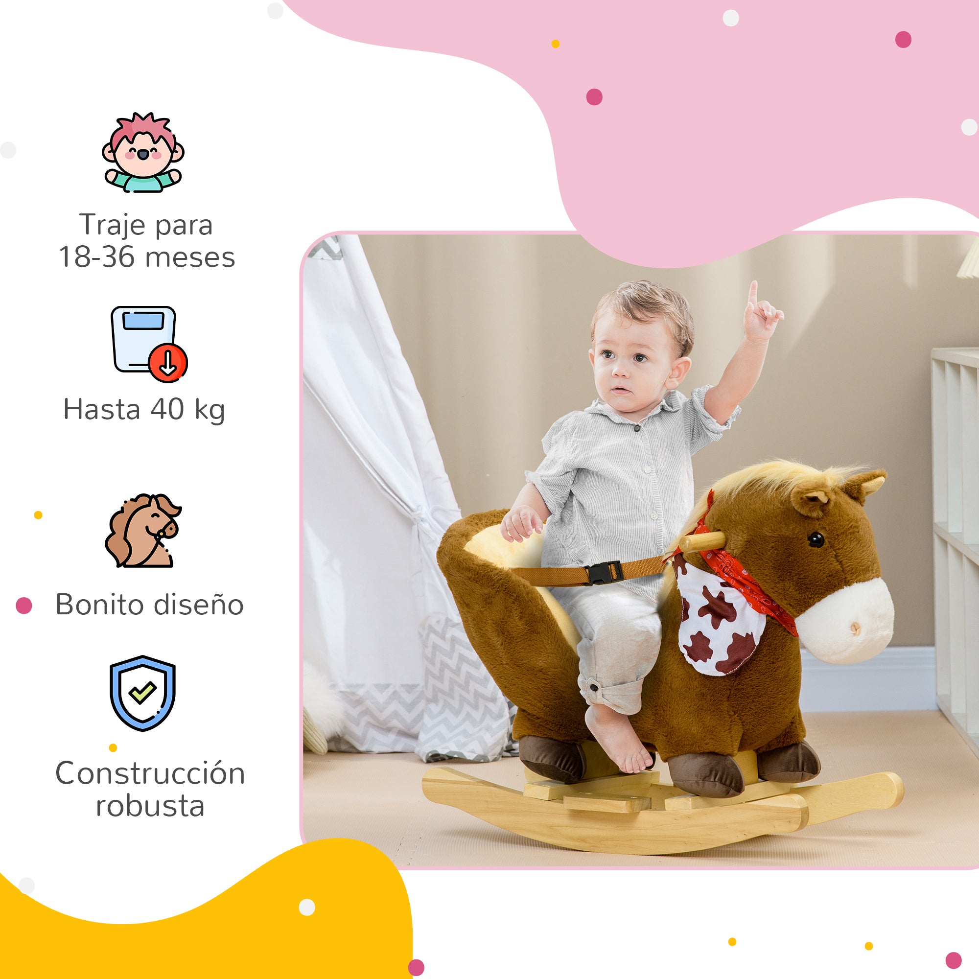 Rocking Horse for Babies 18-36 Months Rocking Horse with Animal Sounds Safety Belt Handlebar and Footrest Load 40 kg 60x33x50 cm Brown