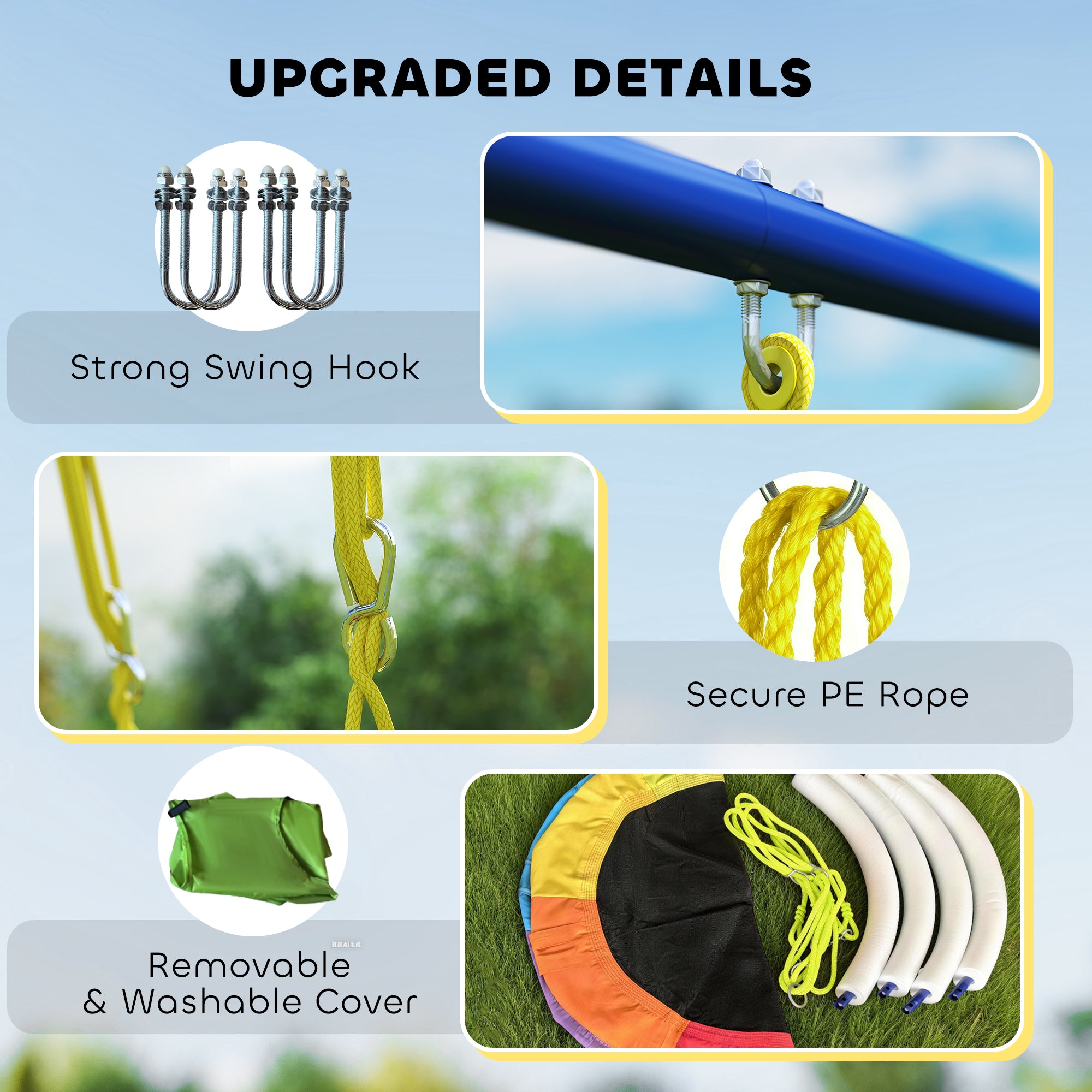 4-in-1 Kids Swing Set – Steel A-Frame, Nest Disc Swing, Single Seat, Basketball Hoop & Soccer Goal, Adjustable Ropes, Fits Children Ages 3–8, 113.4 x 63.0 x 86.6 in (288 x 160 x 220 cm)