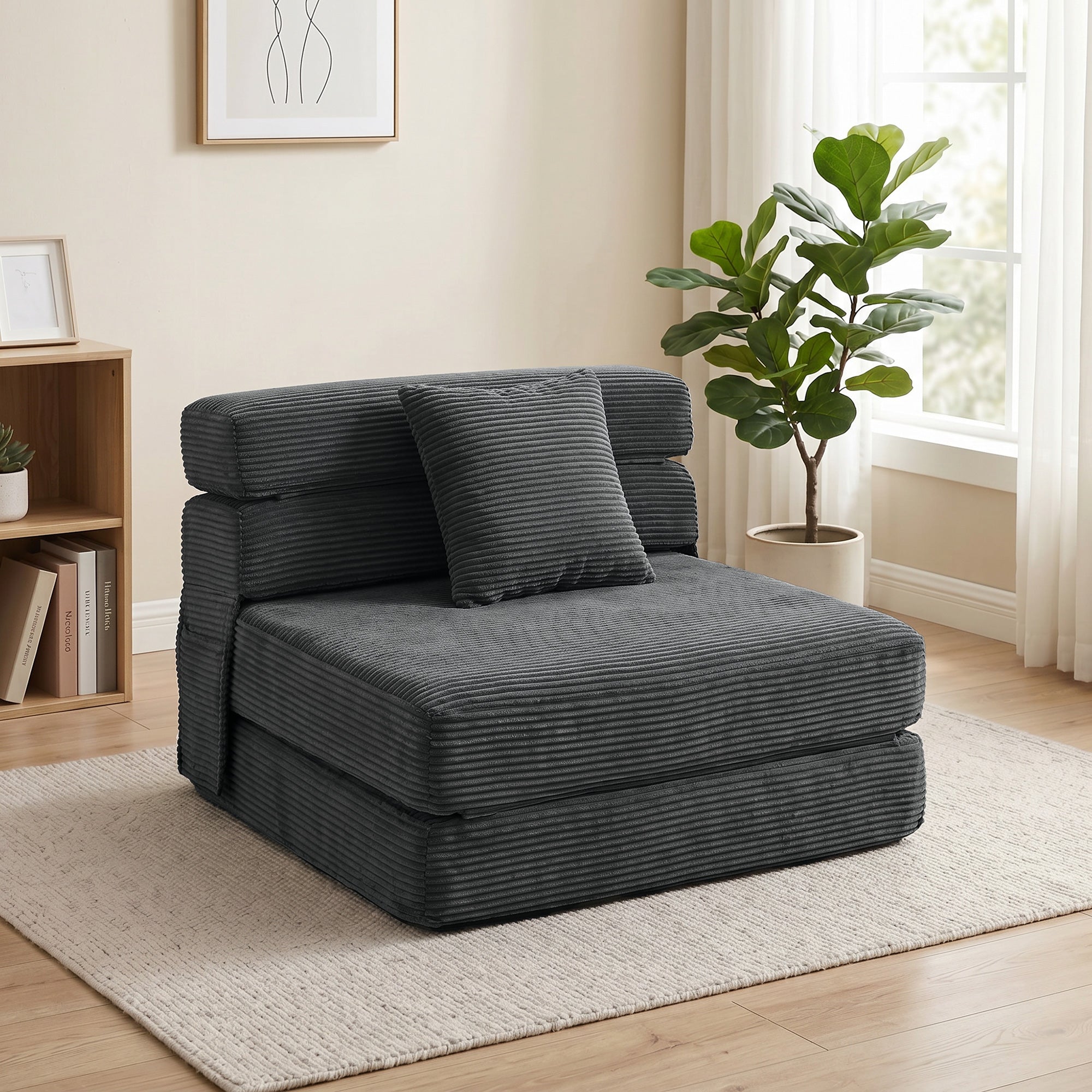 2-in-1 Folding Sleeper Chair — Foldable Sofa Bed with Corduroy Upholstery, Padded Folding Mattress, Guest Floor Chair for Bedroom & Living Room, 39.4 x 29.9 x 24.4 in, Dark Gray