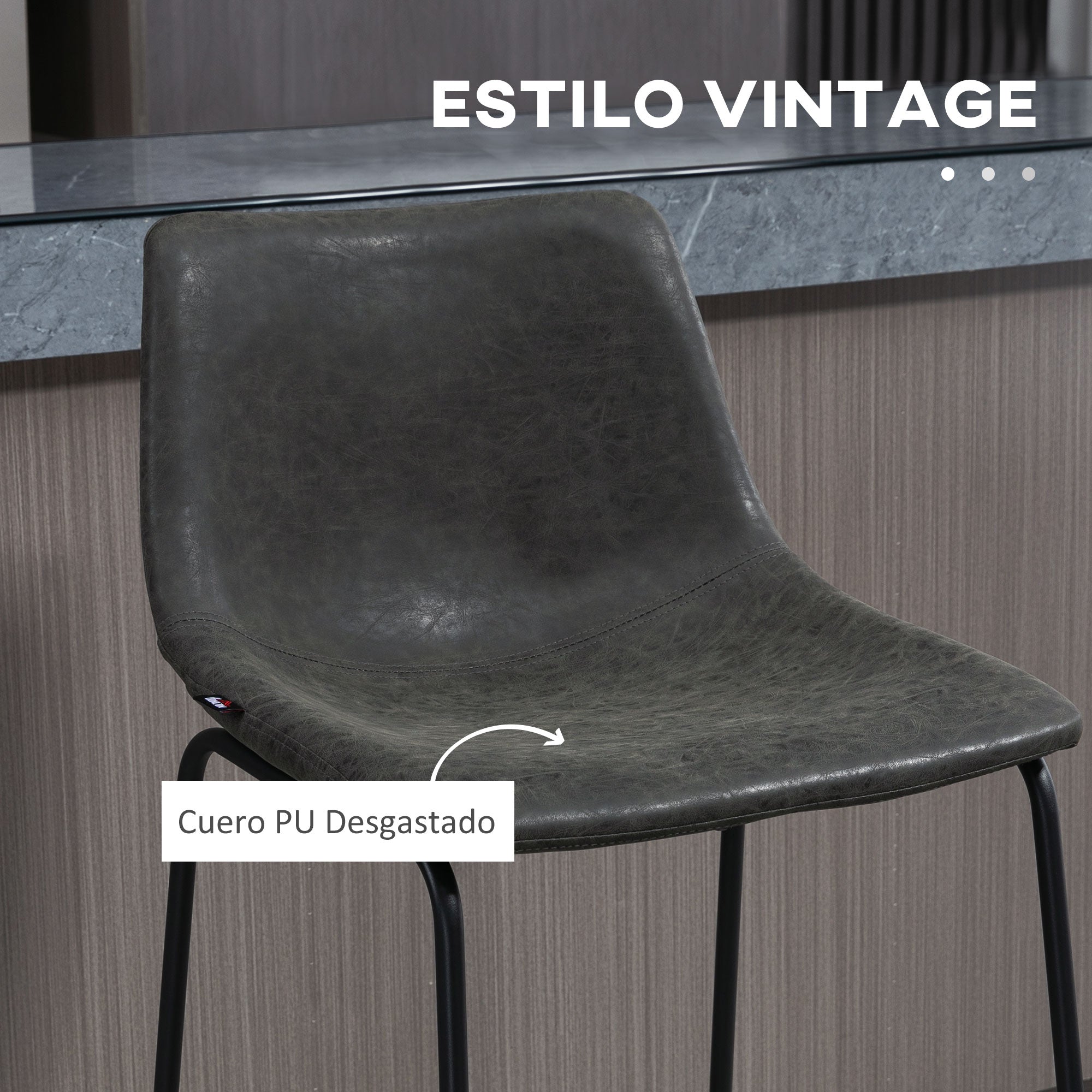 2 High Kitchen Stools Upholstered in PU Bar Stools with Backrest Steel Legs and Footrest for Dining Room Load 110 kg 47x54x99 cm Dark Gray