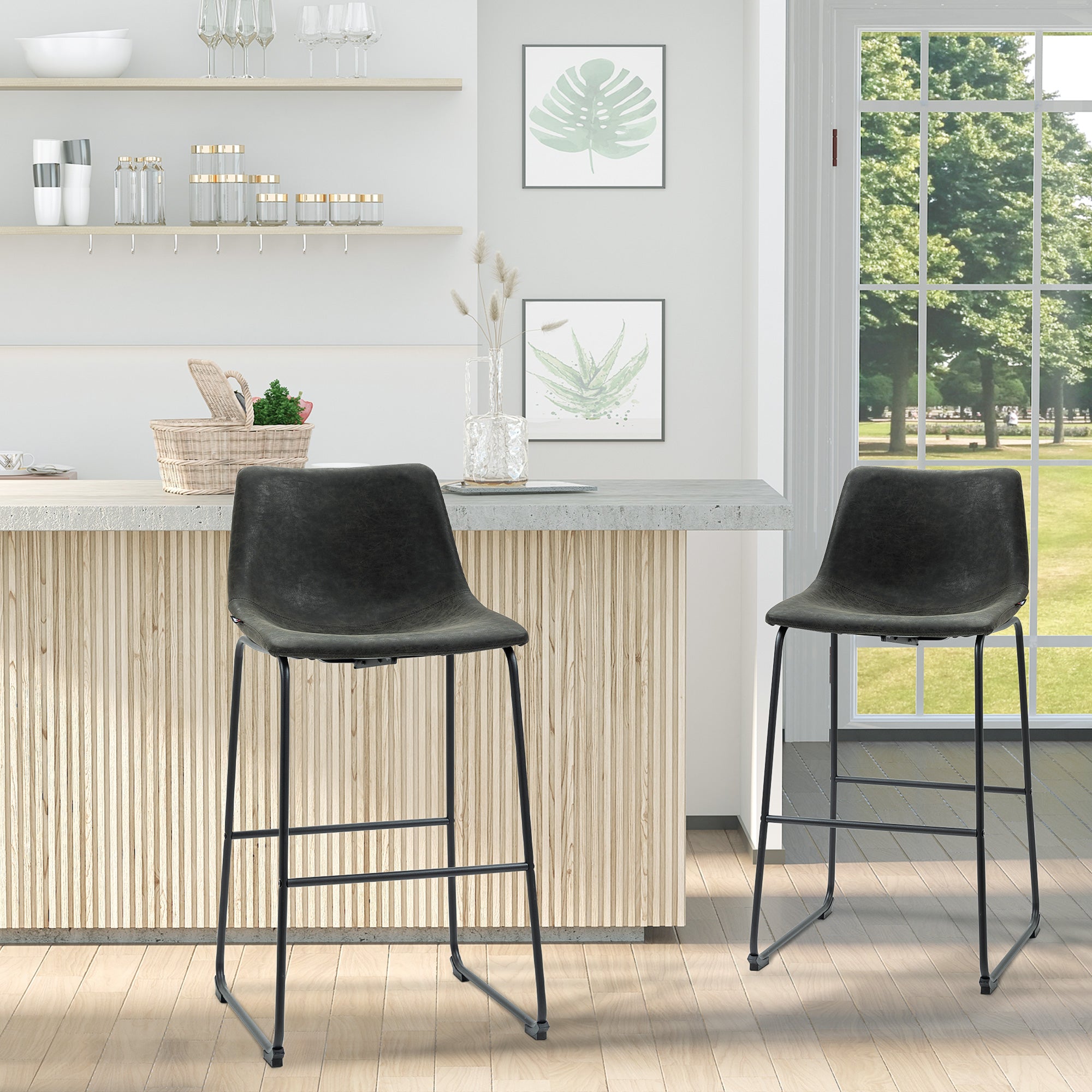 2 High Kitchen Stools Upholstered in PU Bar Stools with Backrest Steel Legs and Footrest for Dining Room Load 110 kg 47x54x99 cm Dark Gray