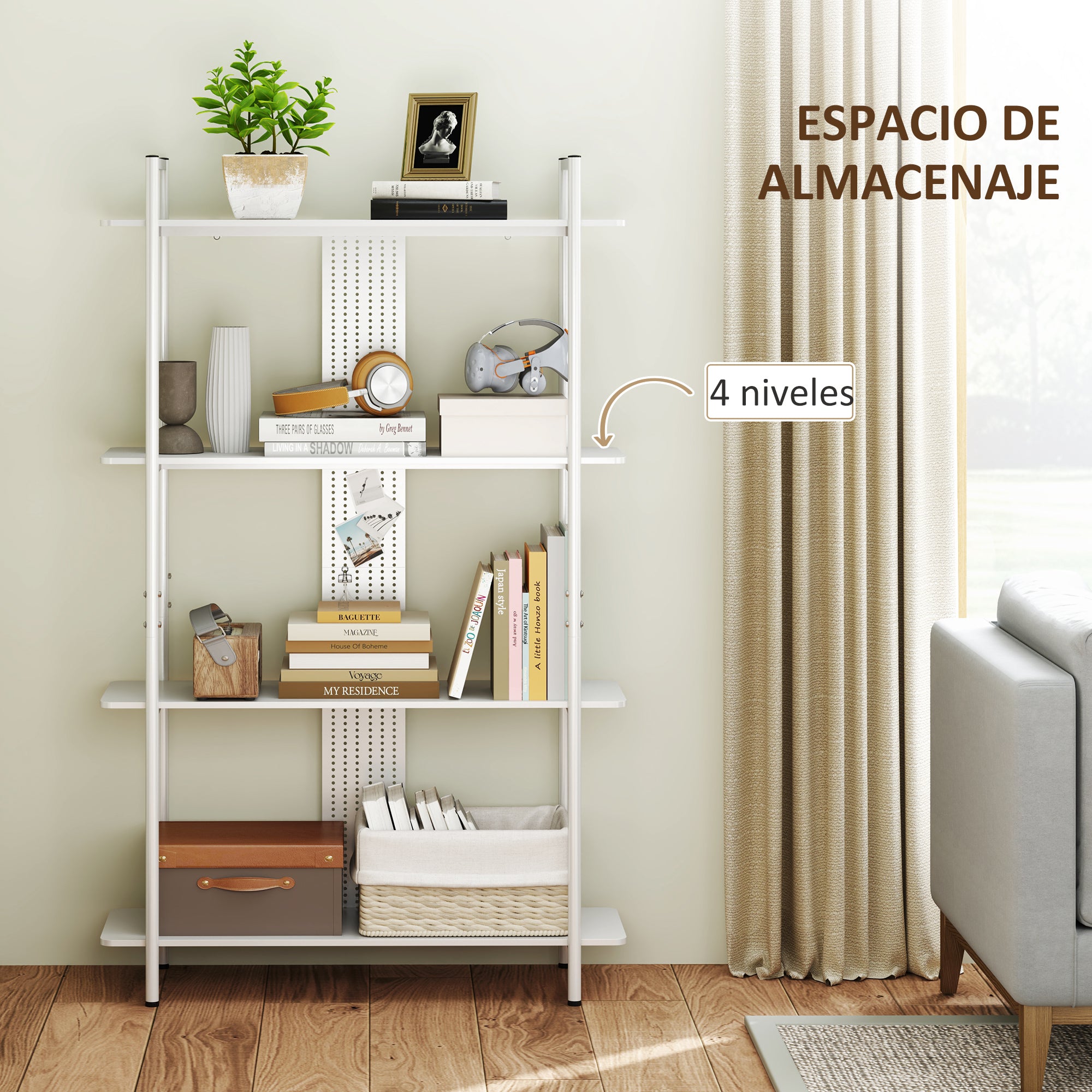 4-Tier Shelving Bookcase with Perforated Panel and Metal Frame Narrow Shelf for Living Room Study Bedroom Office White