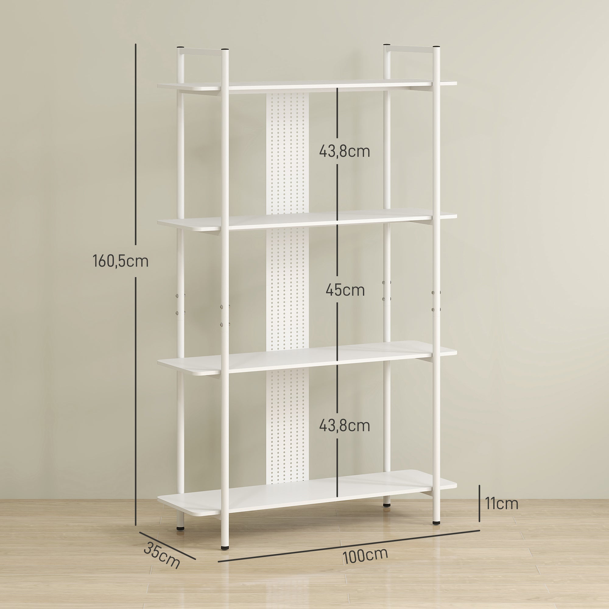 4-Tier Shelving Bookcase with Perforated Panel and Metal Frame Narrow Shelf for Living Room Study Bedroom Office White