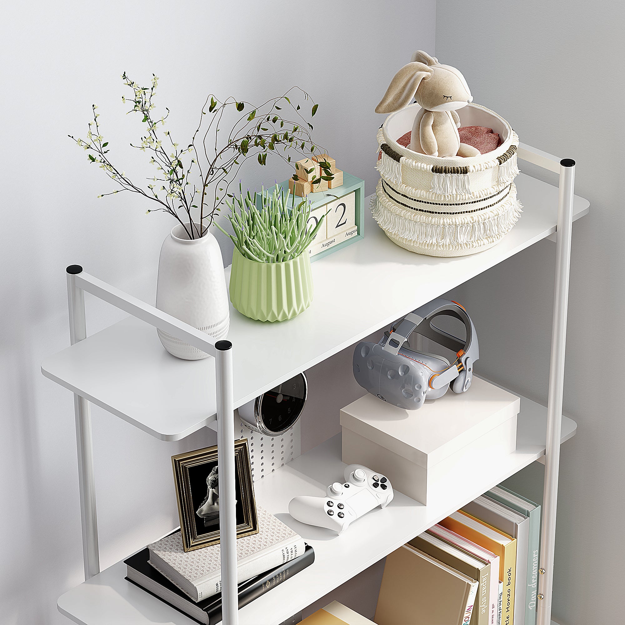 4-Tier Shelving Bookcase with Perforated Panel and Metal Frame Narrow Shelf for Living Room Study Bedroom Office White