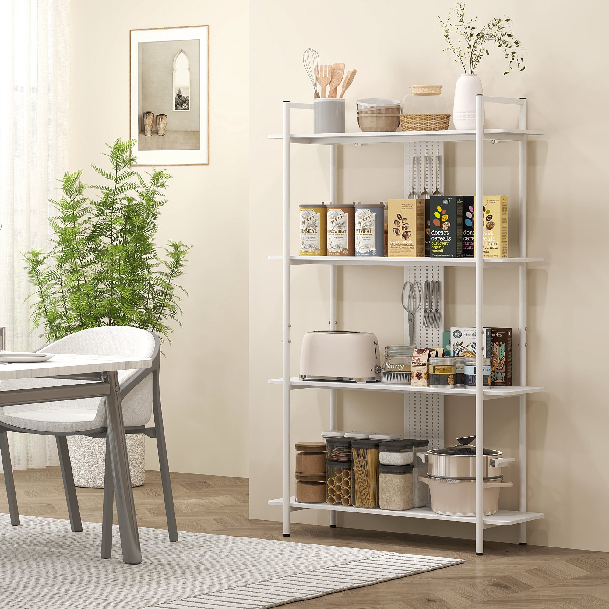 4-Tier Shelving Bookcase with Perforated Panel and Metal Frame Narrow Shelf for Living Room Study Bedroom Office White