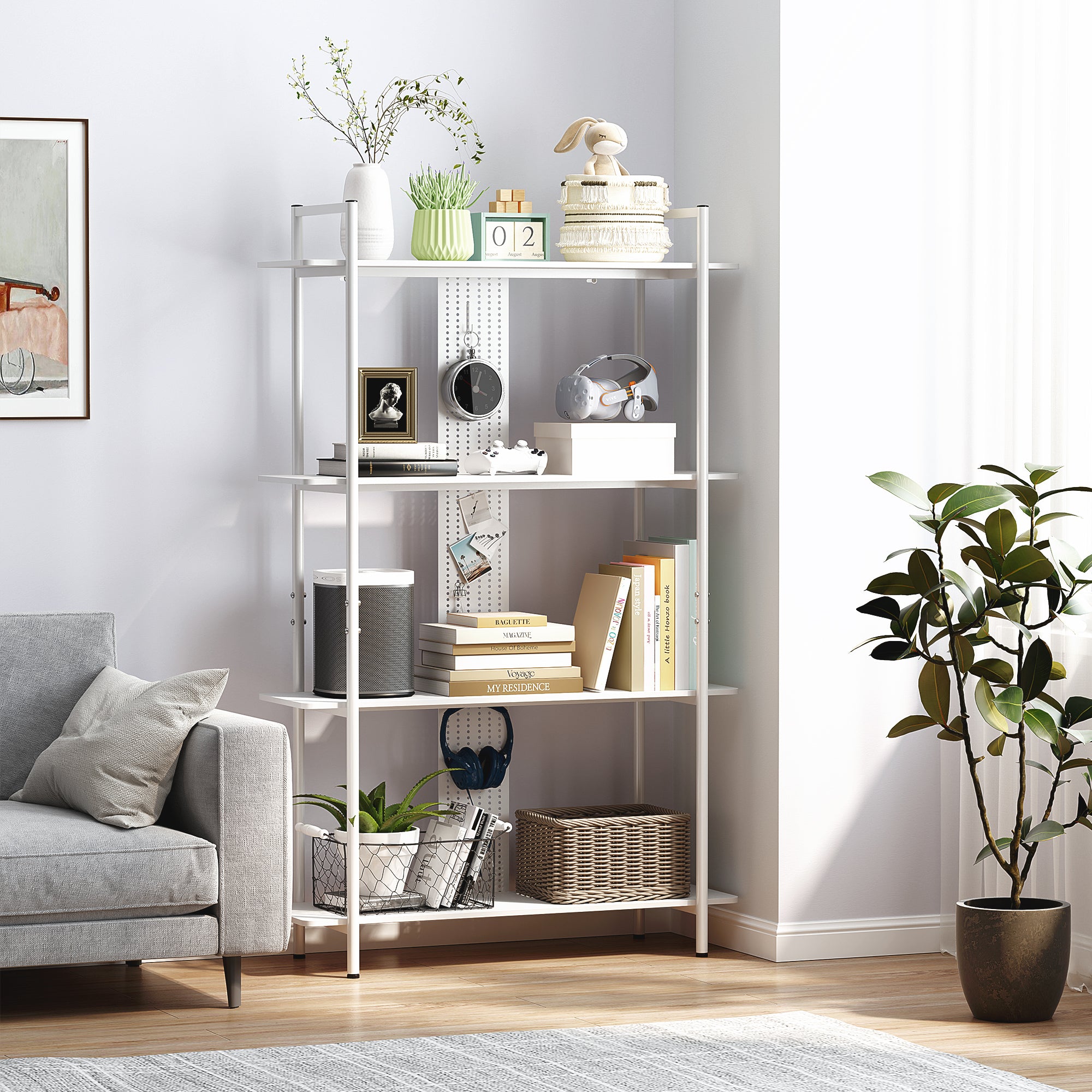 4-Tier Shelving Bookcase with Perforated Panel and Metal Frame Narrow Shelf for Living Room Study Bedroom Office White