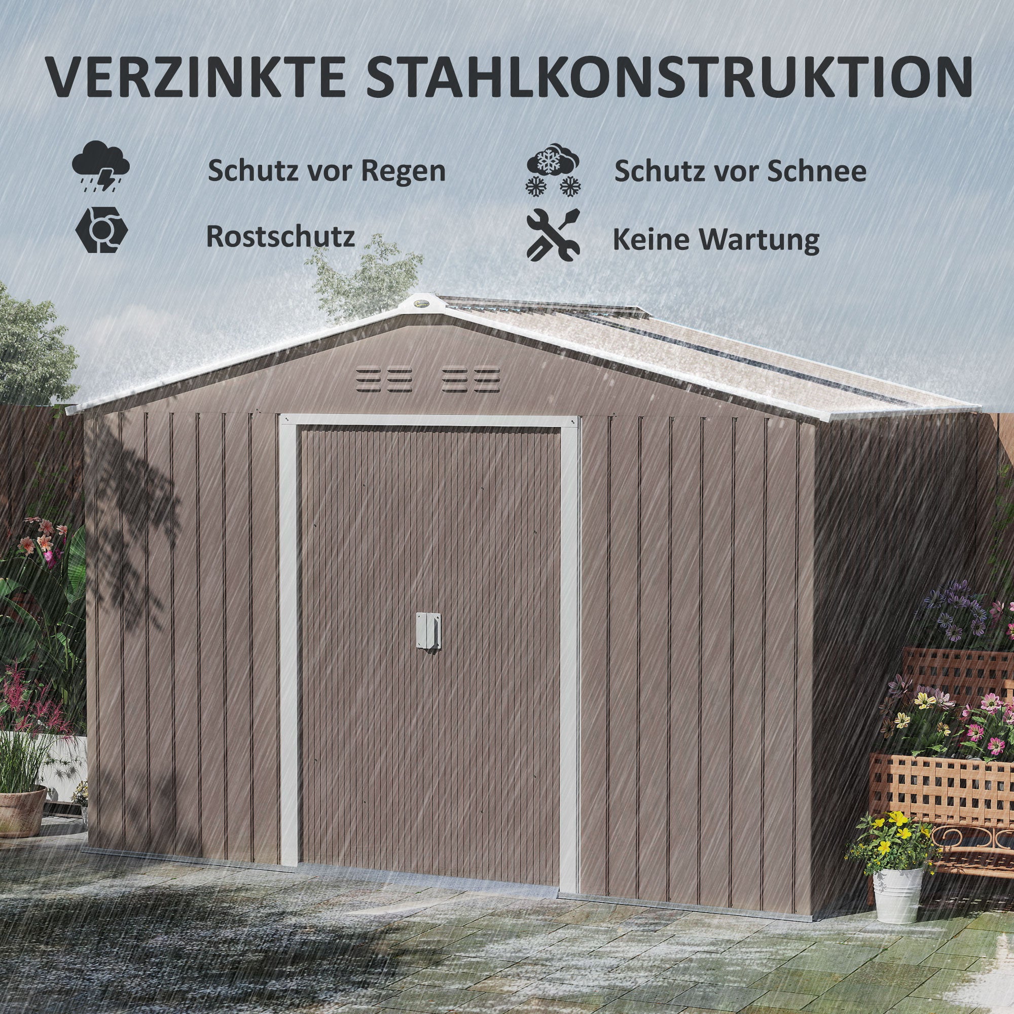 Tool Shed 4.9 m², Garden Shed with Pent Roof, Sliding Door, Foundation, 277 x 195 x 192 cm, Tool Shed made of Galvanized Steel, Weatherproof, for Garden, Light Gray