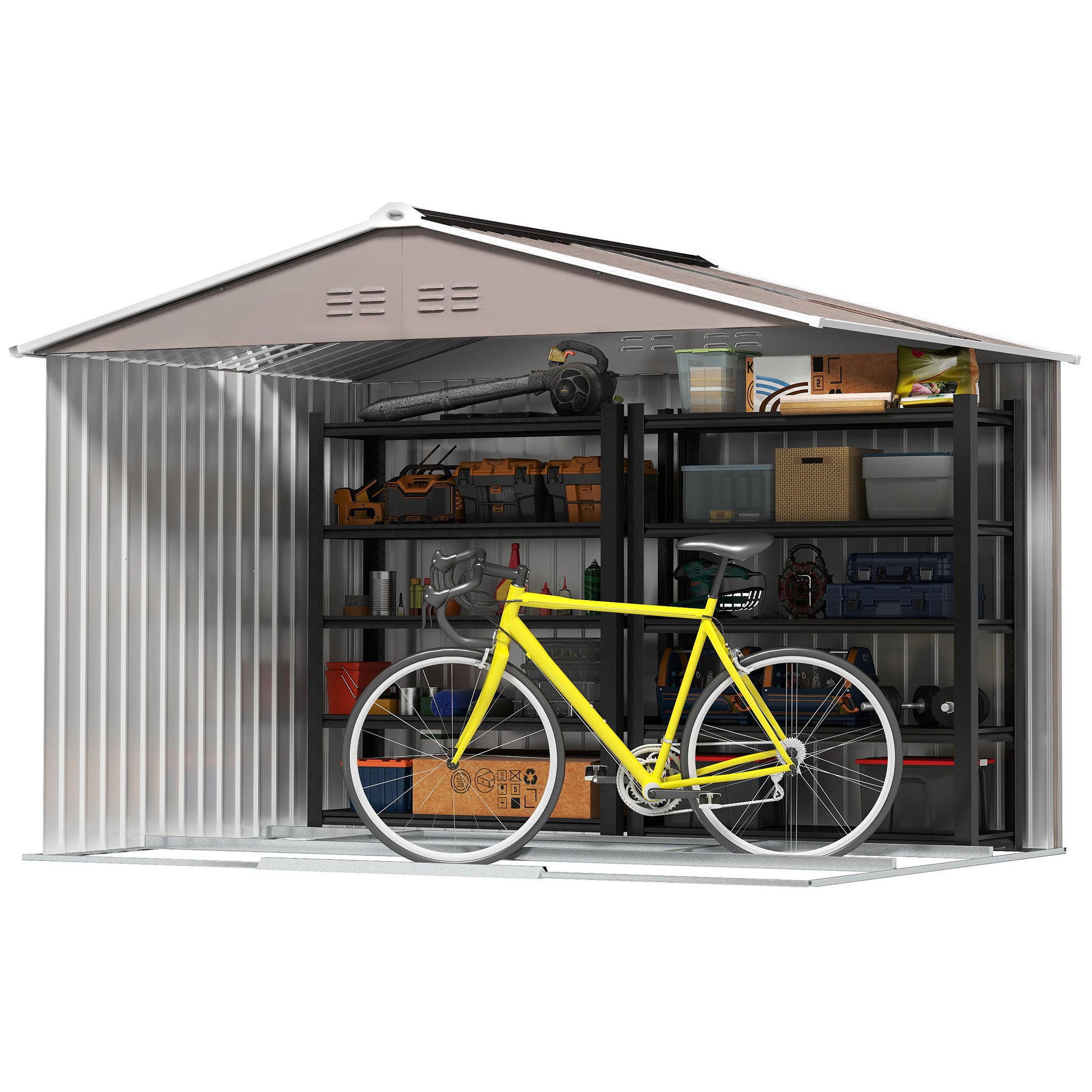 Tool Shed 4.9 m², Garden Shed with Pent Roof, Sliding Door, Foundation, 277 x 195 x 192 cm, Tool Shed made of Galvanized Steel, Weatherproof, for Garden, Light Gray