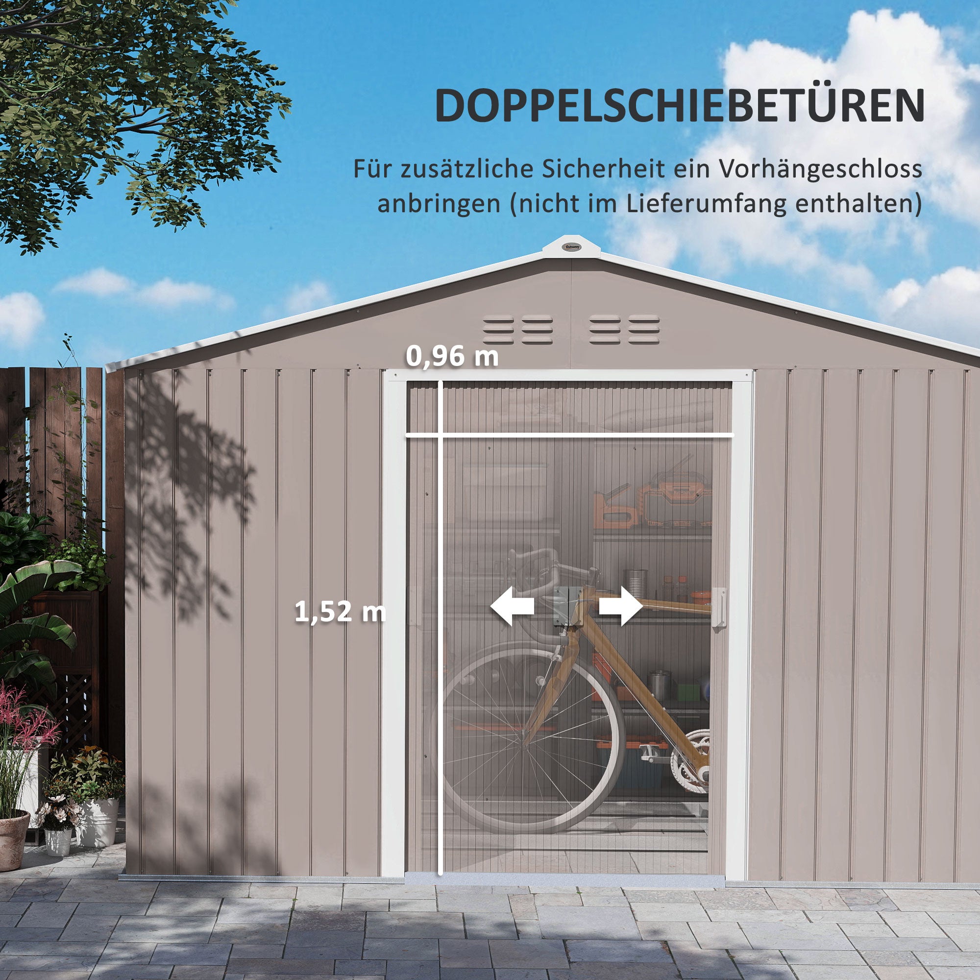 Tool Shed 4.9 m², Garden Shed with Pent Roof, Sliding Door, Foundation, 277 x 195 x 192 cm, Tool Shed made of Galvanized Steel, Weatherproof, for Garden, Light Gray