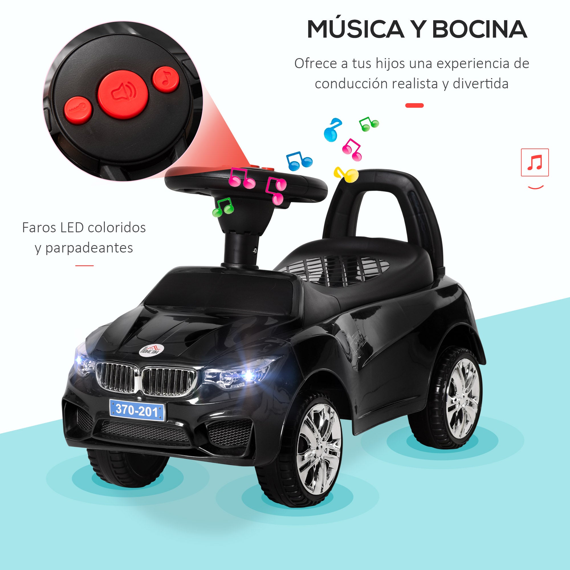 Ride-On Car for Kids 18-36 Months Walker with Headlights Music Horn Steering Wheel Storage Space and Push Handle 63.5x28x36 cm Black