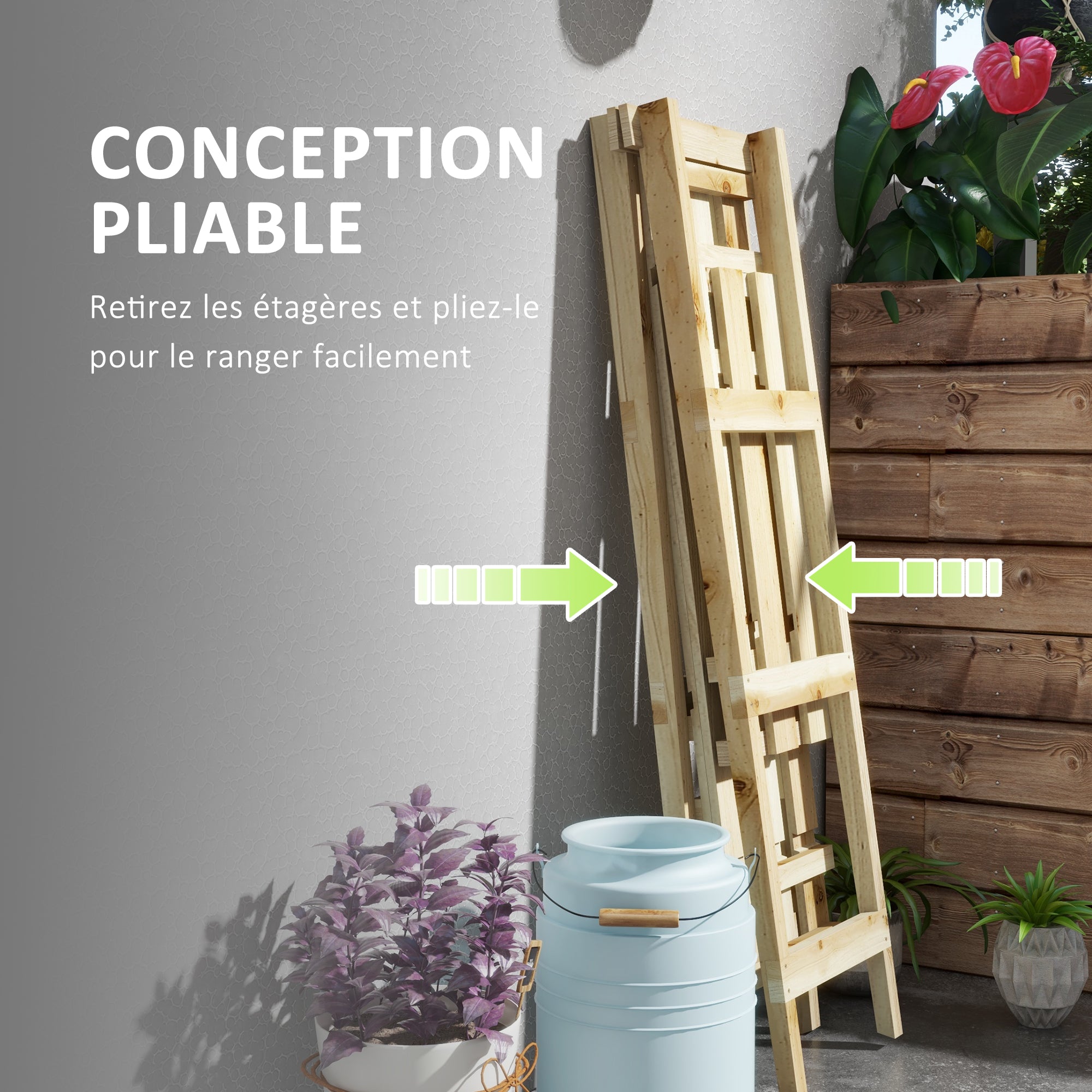 Pyramid-shaped foldable wooden flower rack - Wooden plant stand with 3 shelves - Dimensions 100L x 36W x 112H cm - Light solid spruce wood