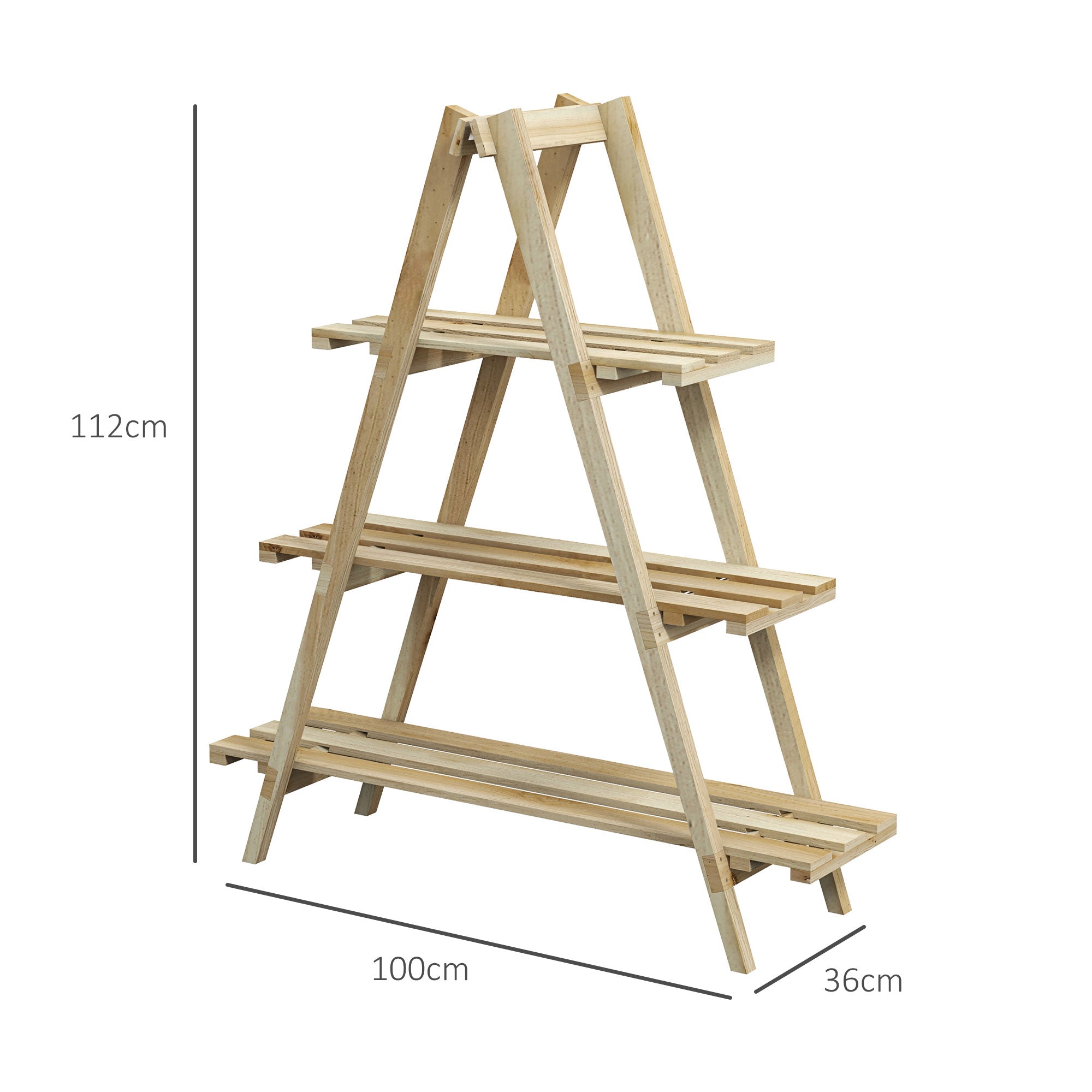 Pyramid-shaped foldable wooden flower rack - Wooden plant stand with 3 shelves - Dimensions 100L x 36W x 112H cm - Light solid spruce wood