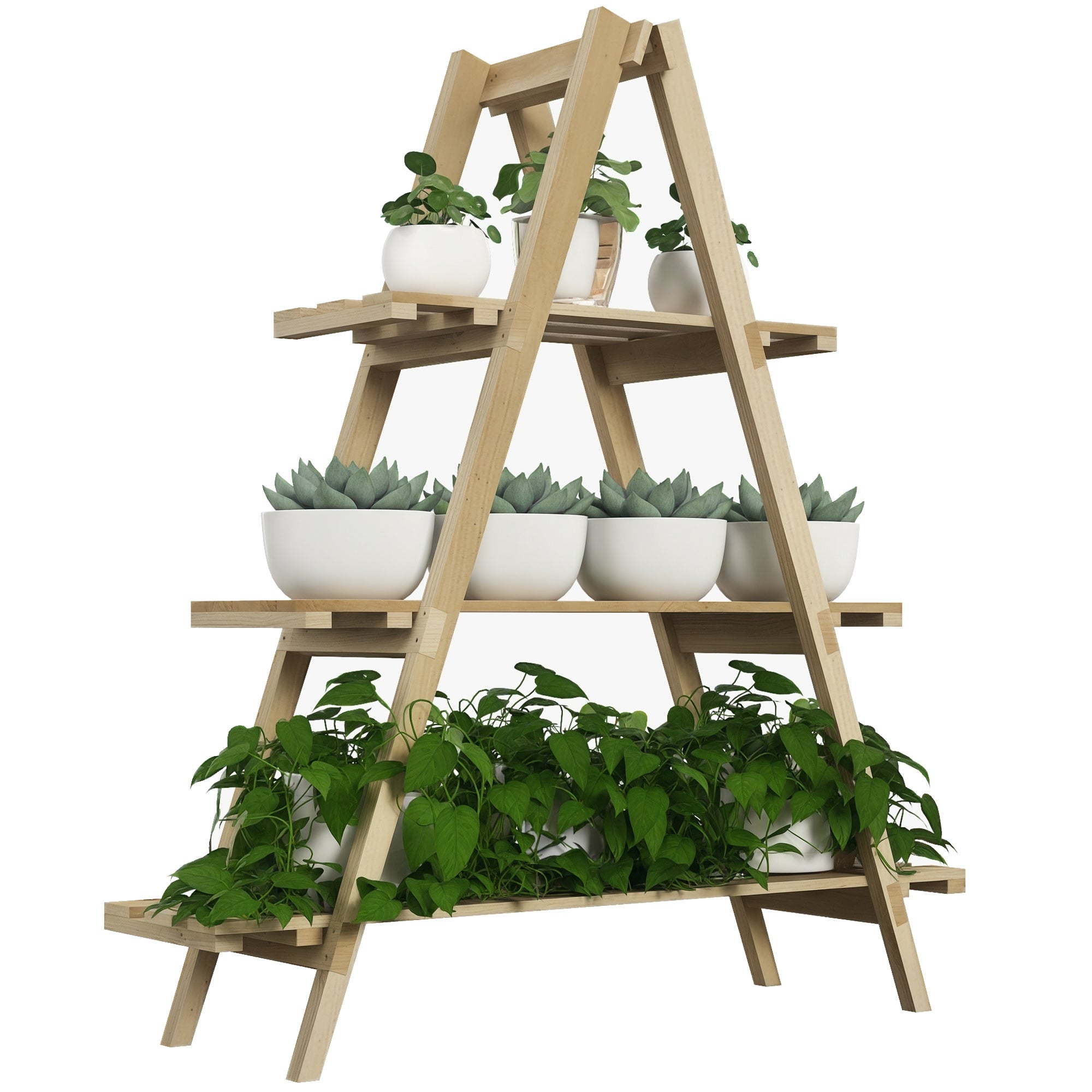Pyramid-shaped foldable wooden flower rack - Wooden plant stand with 3 shelves - Dimensions 100L x 36W x 112H cm - Light solid spruce wood