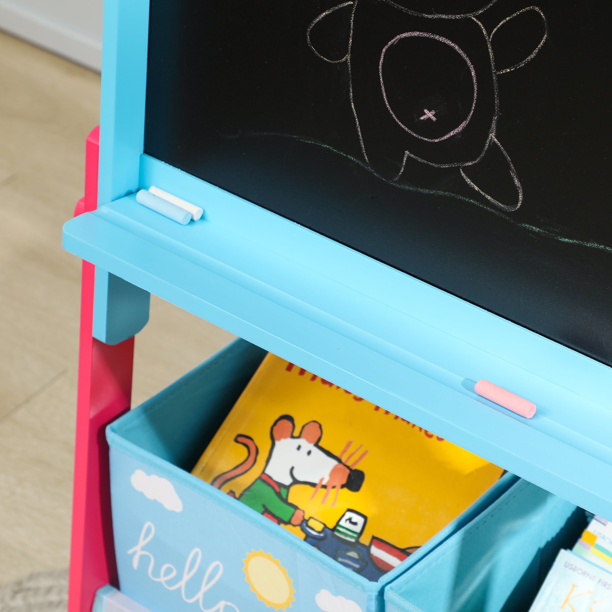 Children's Easel 2-in-1 Double-Sided with Whiteboard 2 Storage Baskets Painting Easel for Kids with Animal Print 53.5x49x113 cm Blue