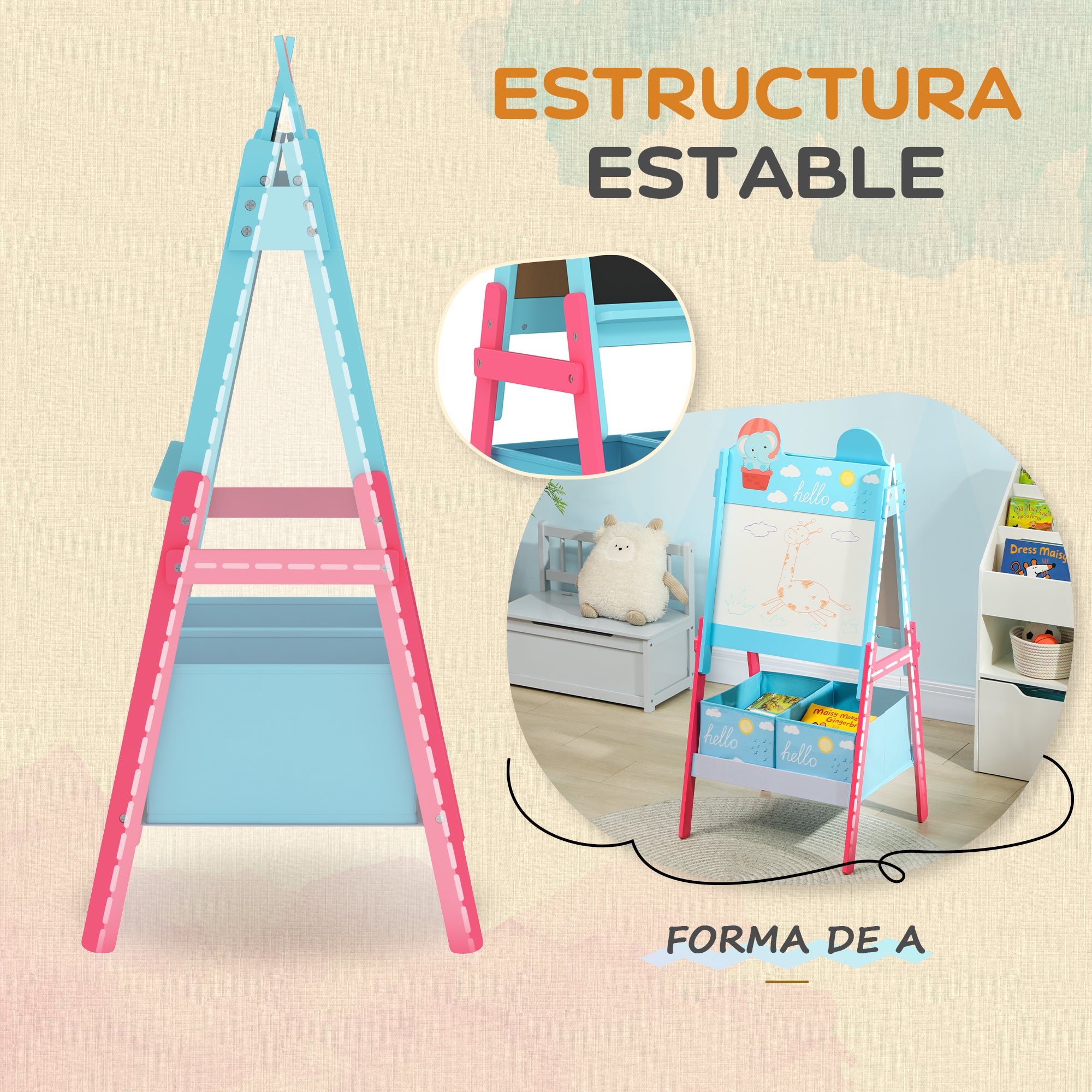 Children's Easel 2-in-1 Double-Sided with Whiteboard 2 Storage Baskets Painting Easel for Kids with Animal Print 53.5x49x113 cm Blue