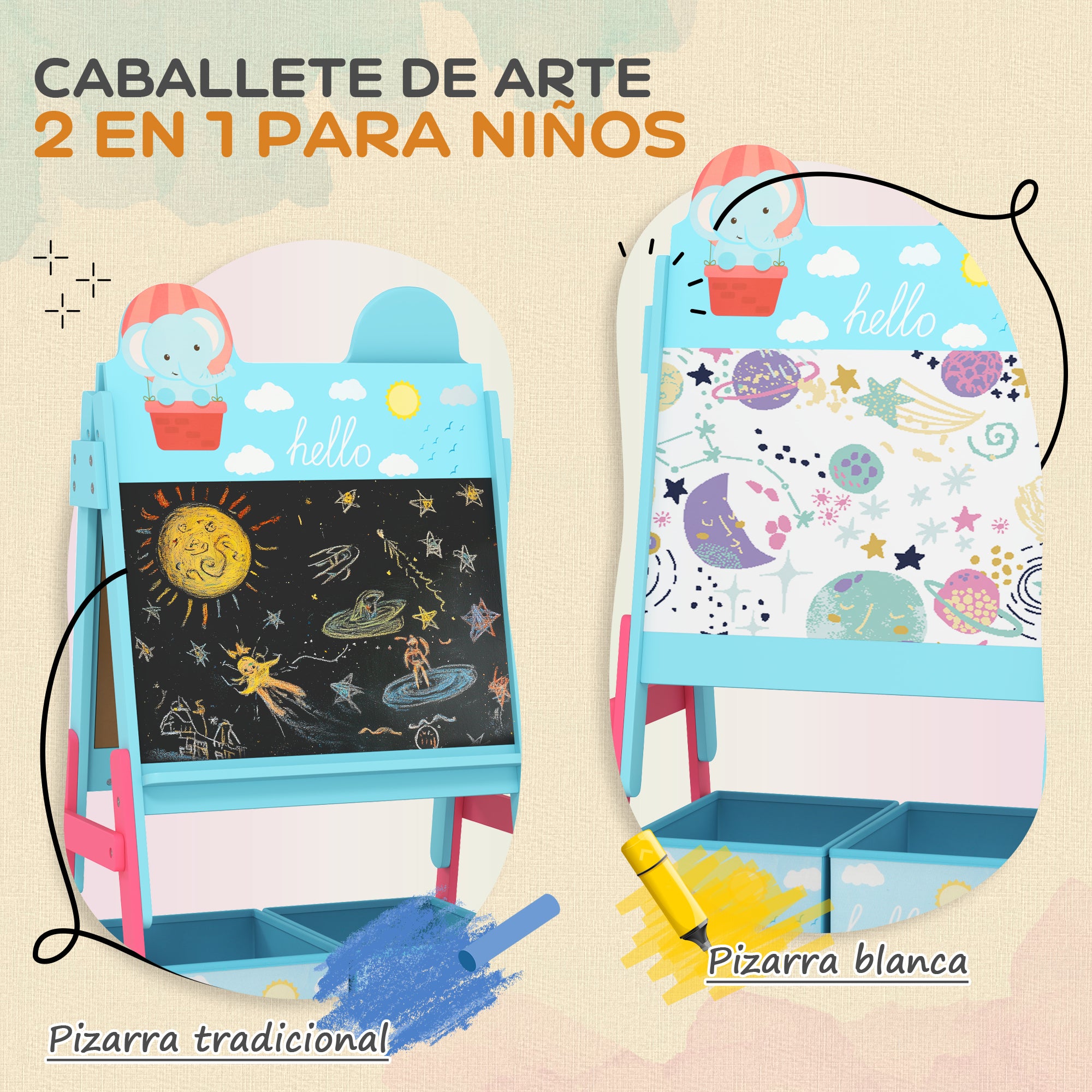 Children's Easel 2-in-1 Double-Sided with Whiteboard 2 Storage Baskets Painting Easel for Kids with Animal Print 53.5x49x113 cm Blue
