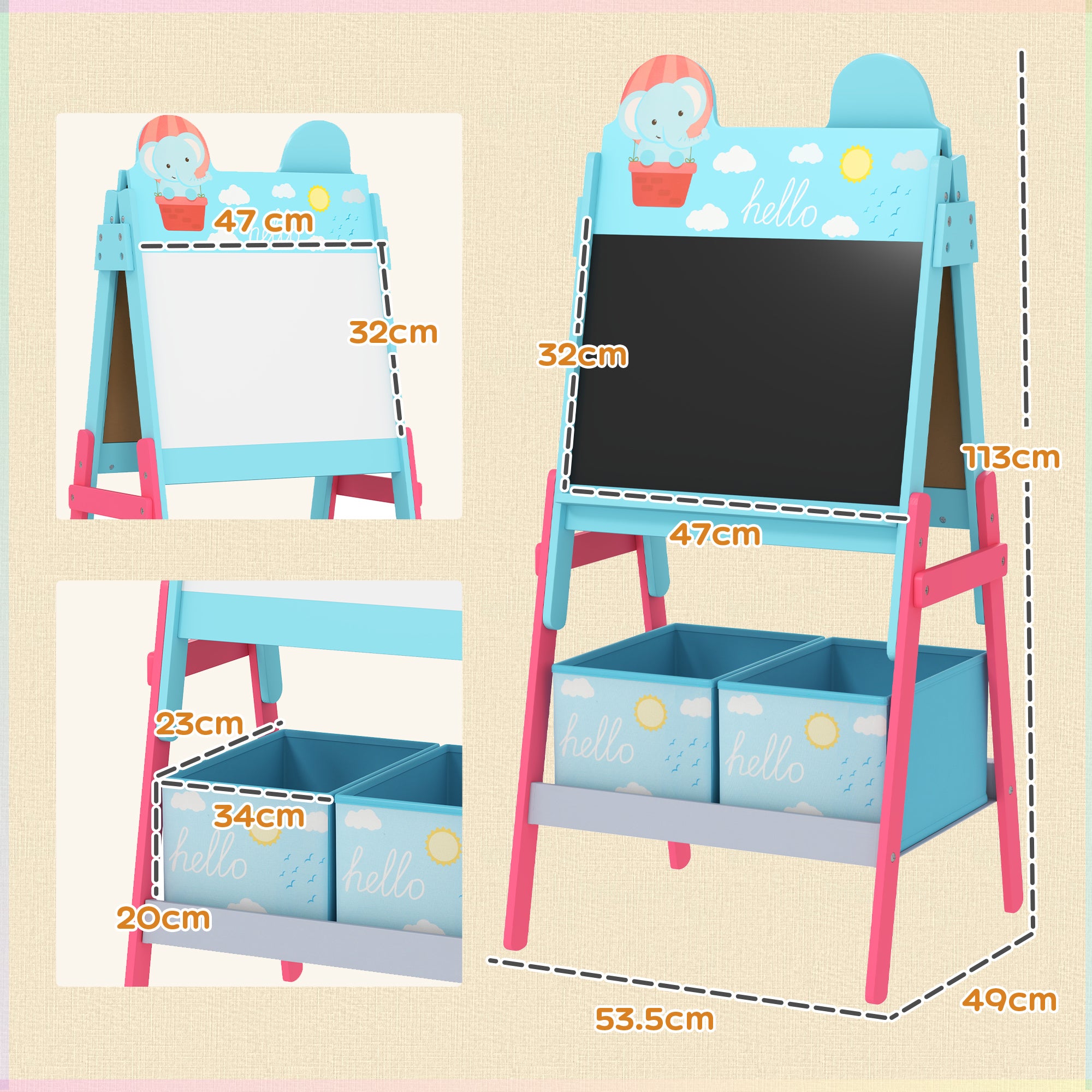 Children's Easel 2-in-1 Double-Sided with Whiteboard 2 Storage Baskets Painting Easel for Kids with Animal Print 53.5x49x113 cm Blue