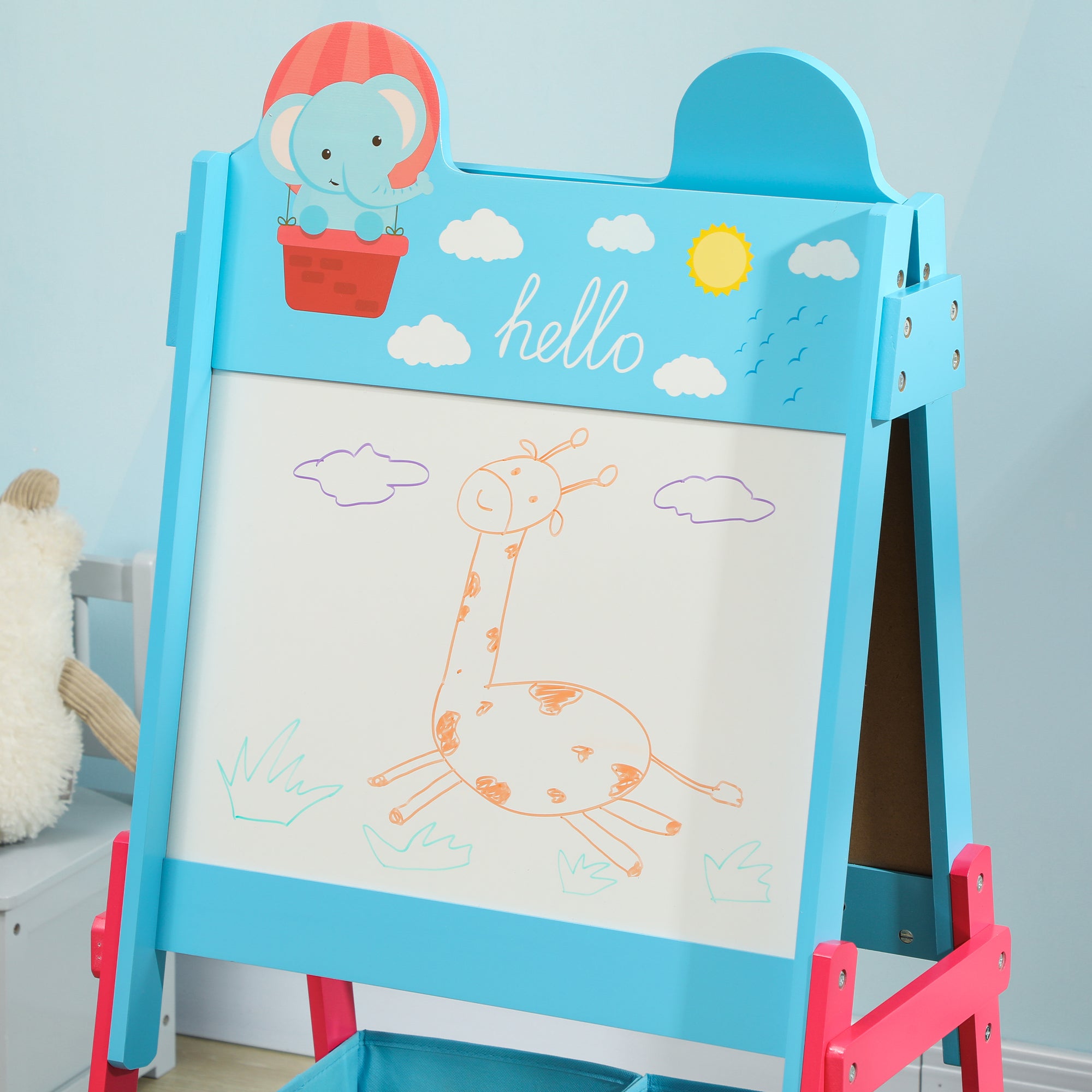 Children's Easel 2-in-1 Double-Sided with Whiteboard 2 Storage Baskets Painting Easel for Kids with Animal Print 53.5x49x113 cm Blue