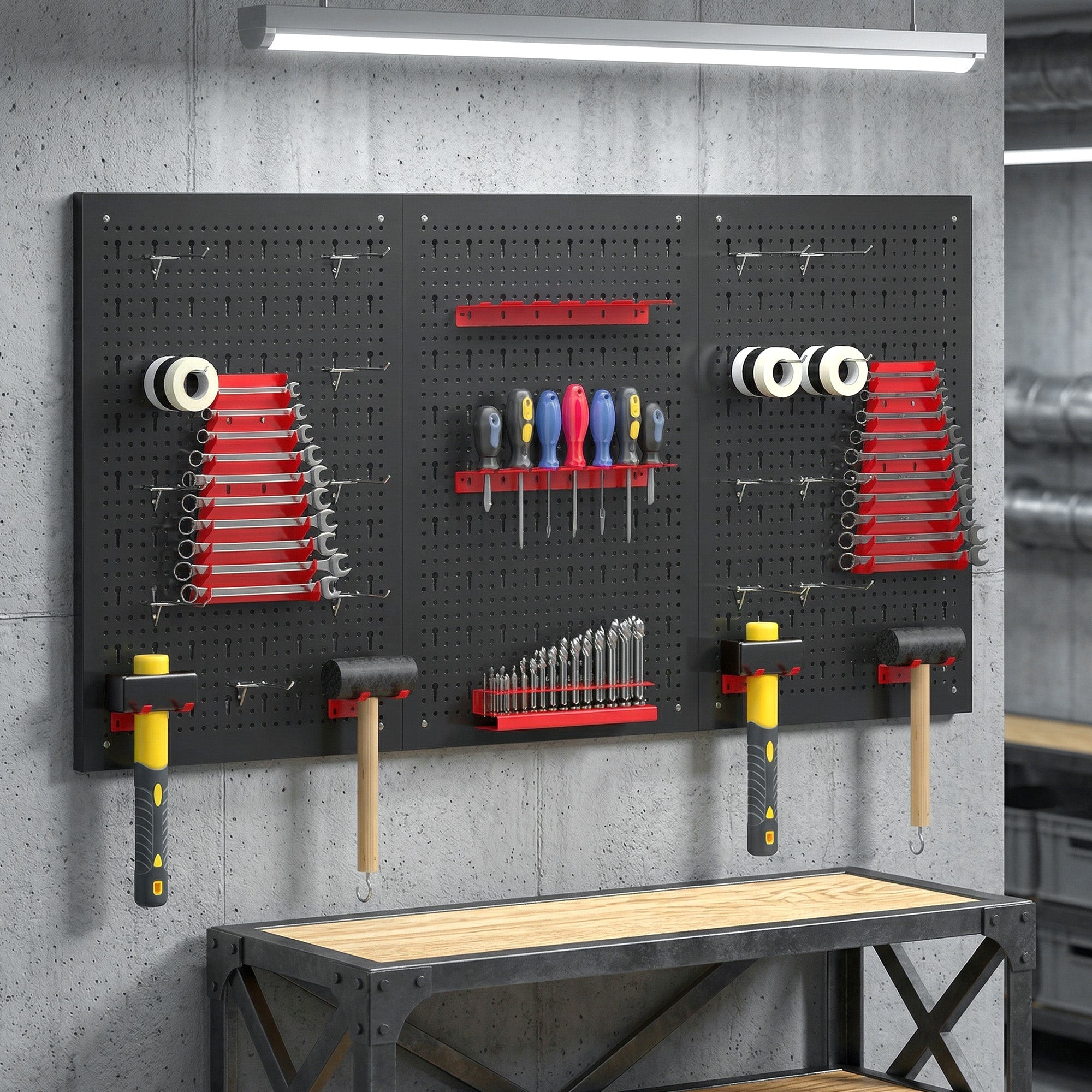 Wall Storage Pegboard System 23.6 x 15.7 in, 28-Piece Tool Rack with Hooks & Compartments, Black/Red