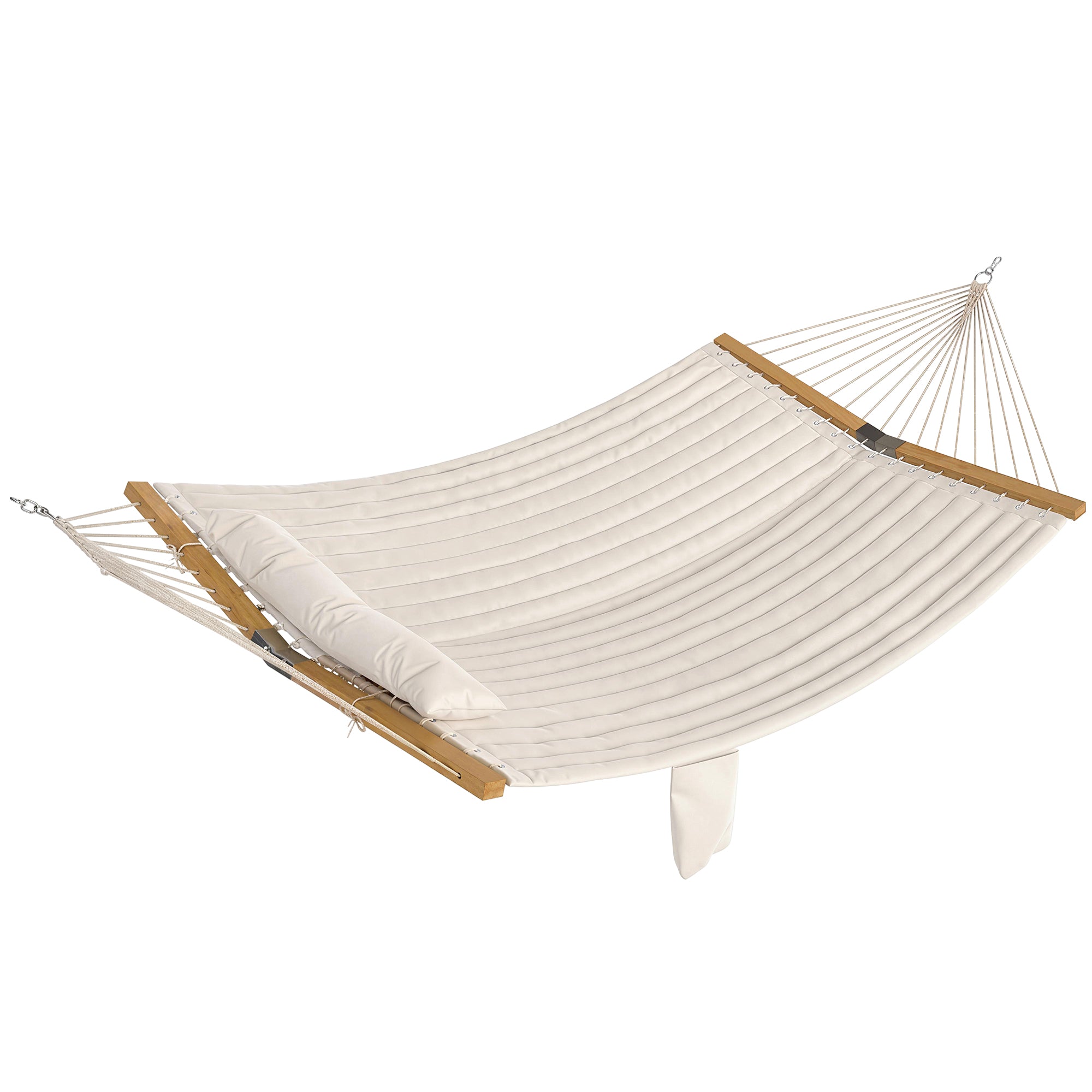Outdoor Hammock 200 x 140 cm (79" x 55") – Quilted Two-Layer Double Hammock with Headrest, Magazine Pocket & Beech Wood Spreaders, Cream White