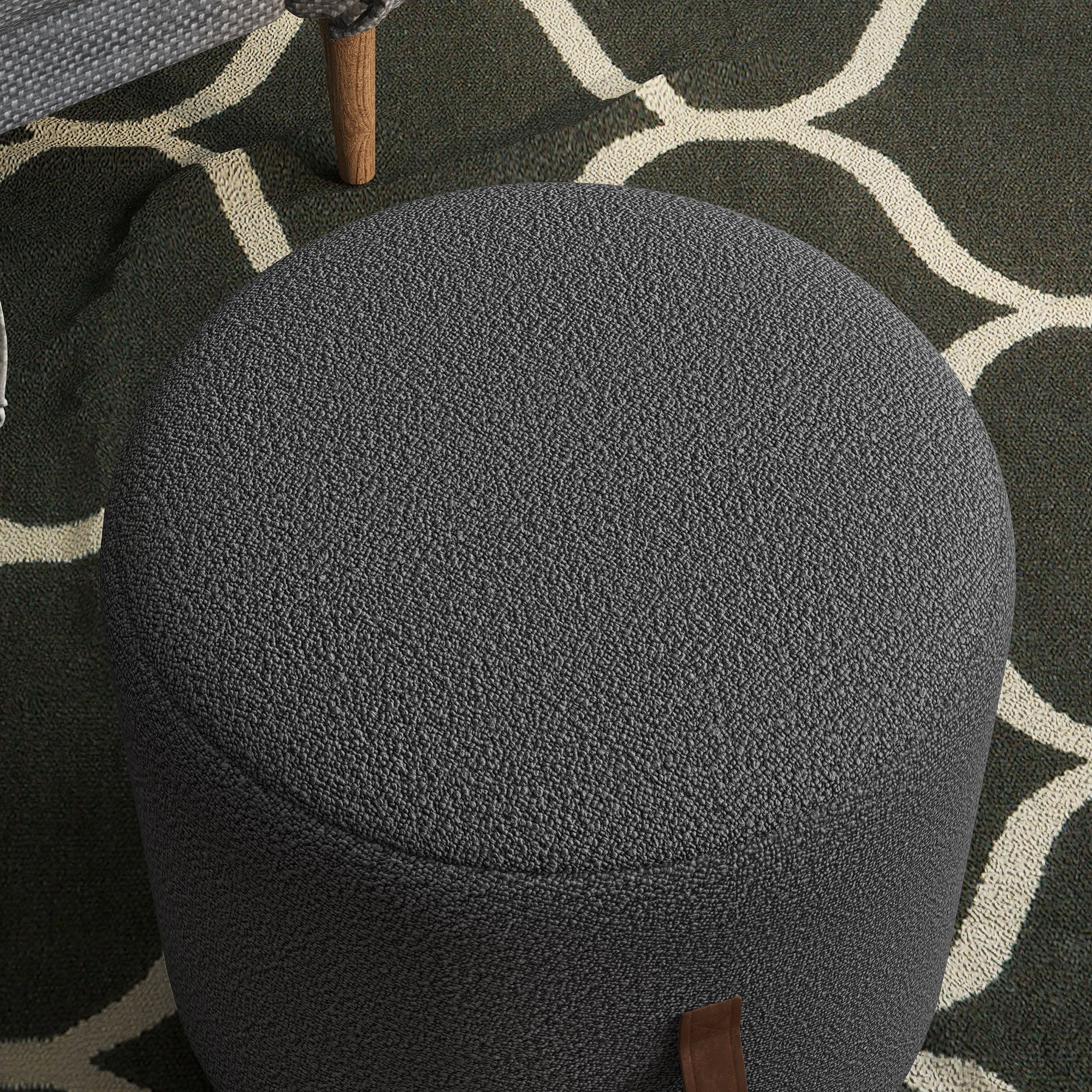 Footstool, Round Upholstered Ottoman with Handle, Footrest with Velvet Look, for Living Room, Bedroom, Dark Gray, Ø48 x 45 cm