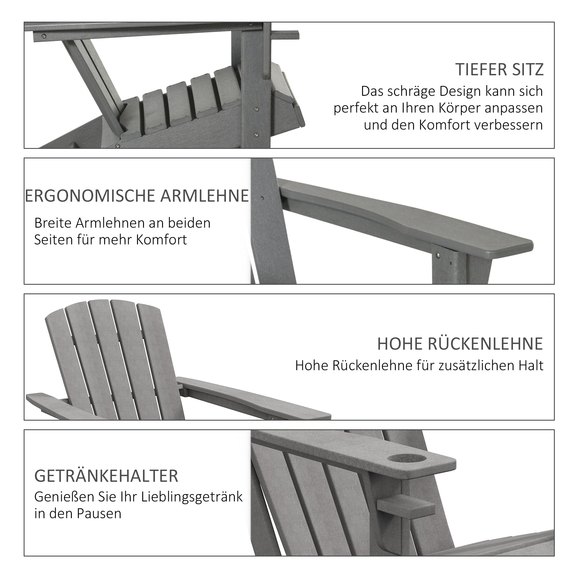 Garden Chair with Cup Holder, Patio Chair, Outdoor Chair, Garden Furniture, Balcony Chair, Adirondack, Grey, HDPE, 75 x 87 x 90 cm