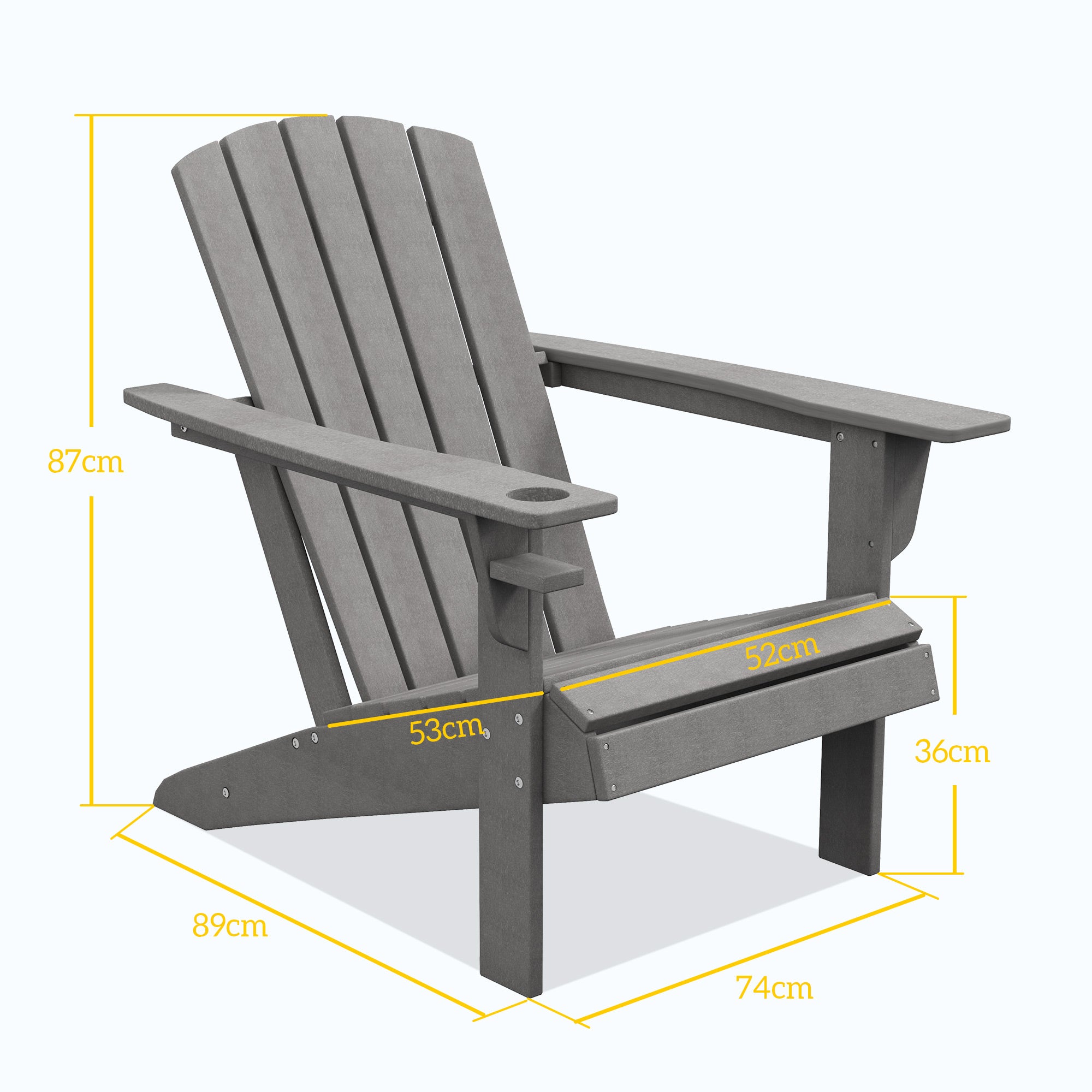 Garden Chair with Cup Holder, Patio Chair, Outdoor Chair, Garden Furniture, Balcony Chair, Adirondack, Grey, HDPE, 75 x 87 x 90 cm