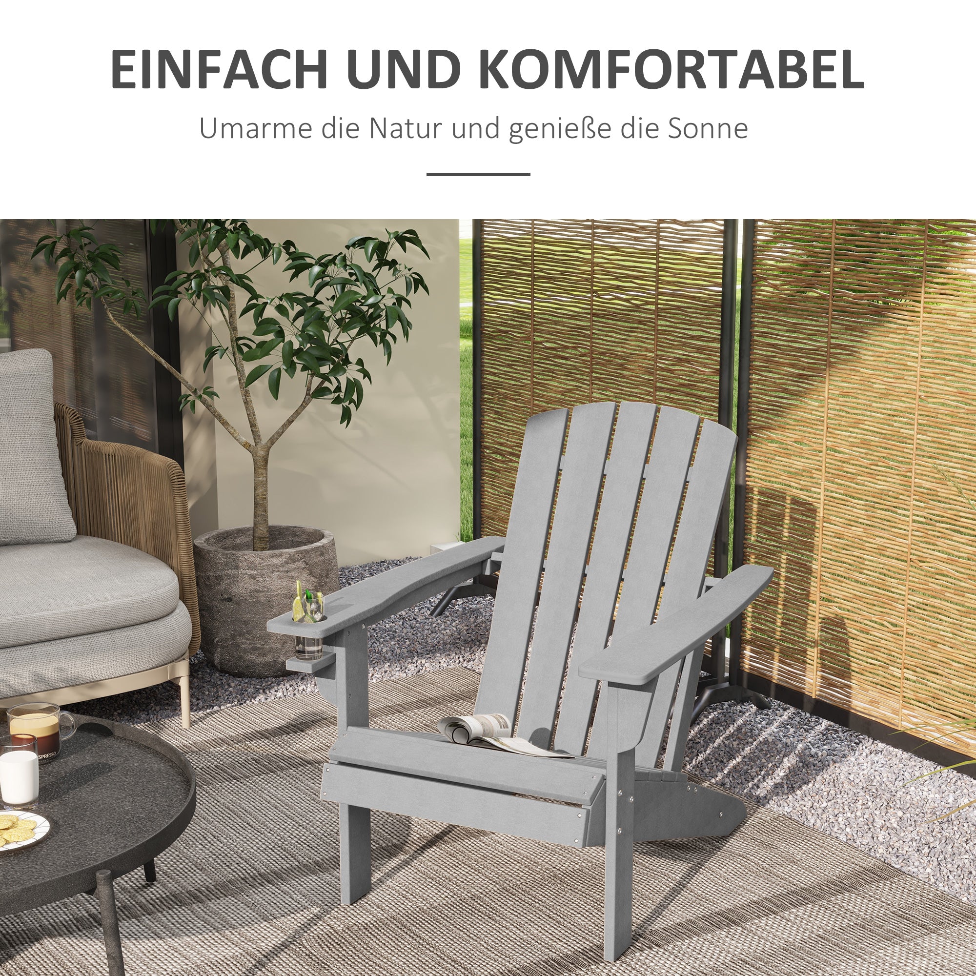 Garden Chair with Cup Holder, Patio Chair, Outdoor Chair, Garden Furniture, Balcony Chair, Adirondack, Grey, HDPE, 75 x 87 x 90 cm