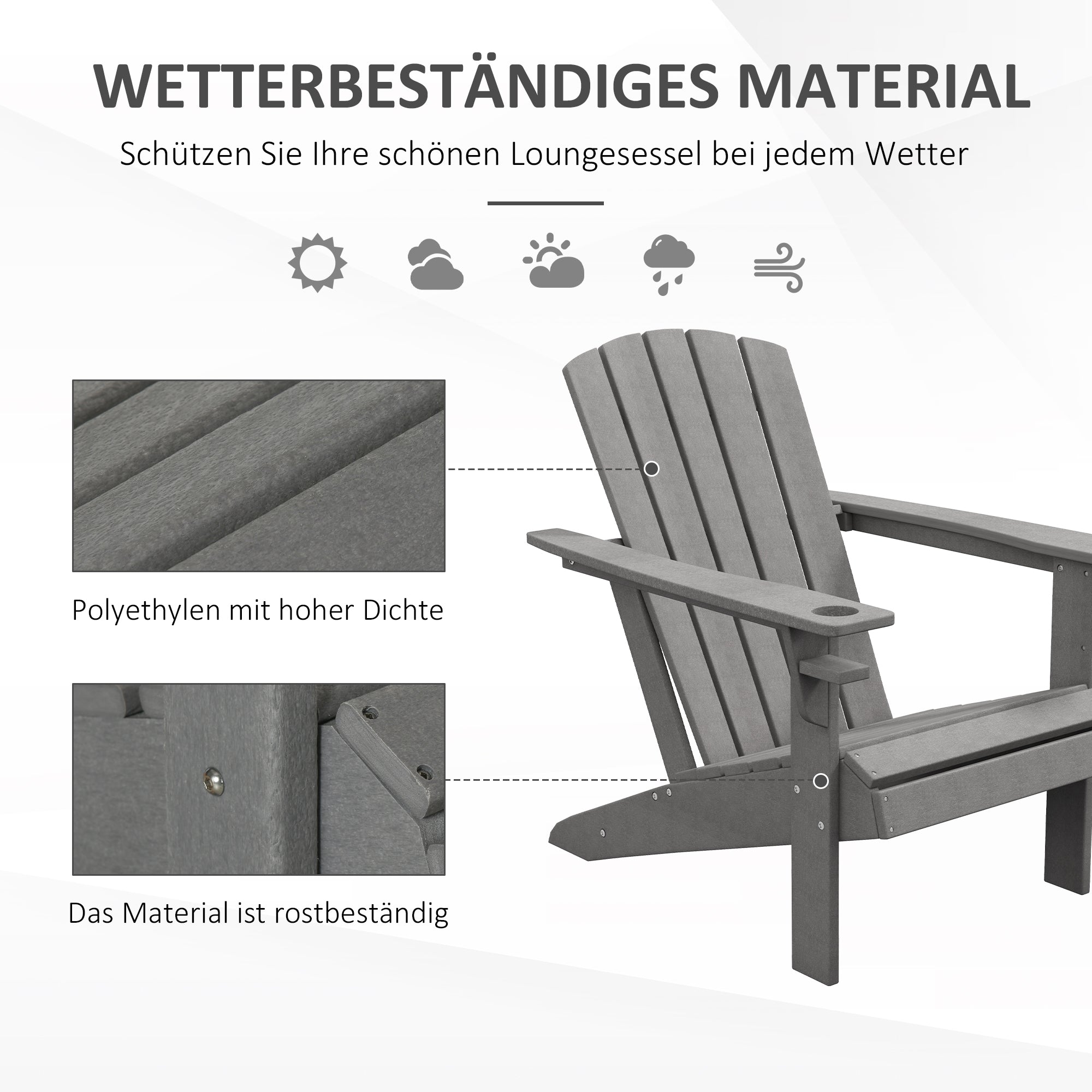 Garden Chair with Cup Holder, Patio Chair, Outdoor Chair, Garden Furniture, Balcony Chair, Adirondack, Grey, HDPE, 75 x 87 x 90 cm