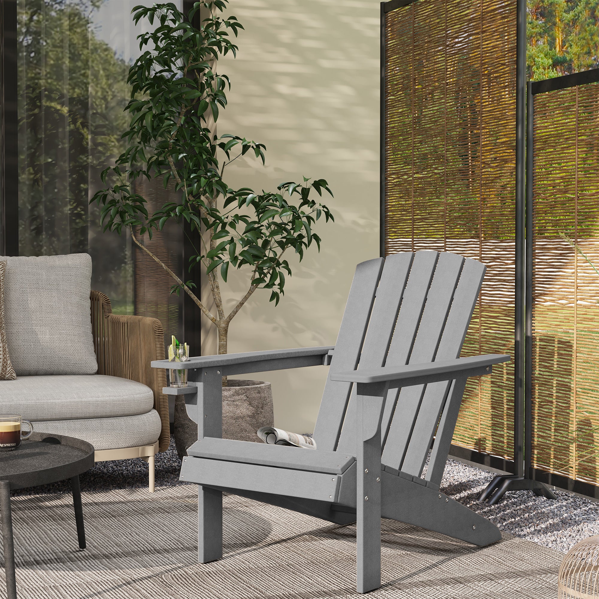 Garden Chair with Cup Holder, Patio Chair, Outdoor Chair, Garden Furniture, Balcony Chair, Adirondack, Grey, HDPE, 75 x 87 x 90 cm