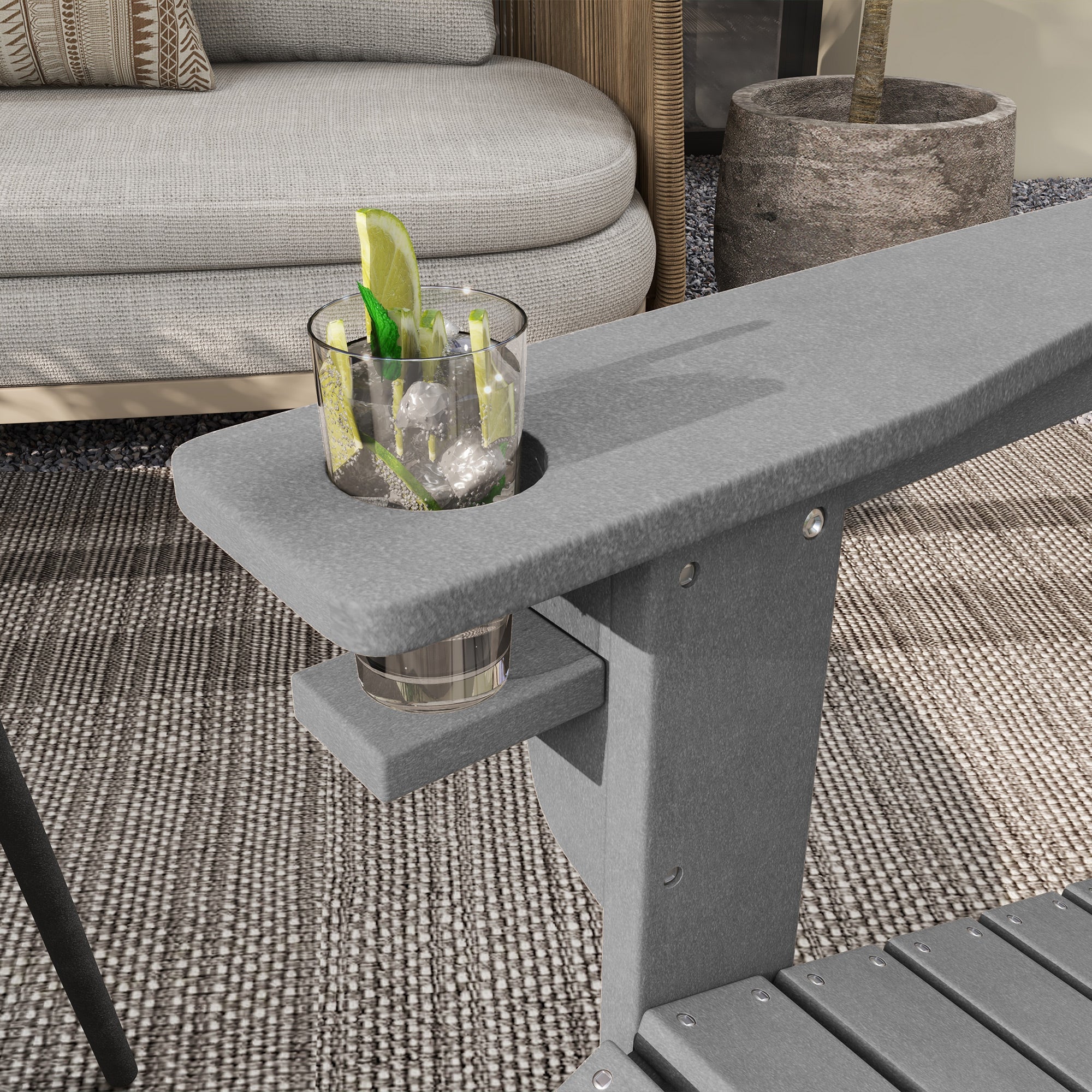 Garden Chair with Cup Holder, Patio Chair, Outdoor Chair, Garden Furniture, Balcony Chair, Adirondack, Grey, HDPE, 75 x 87 x 90 cm