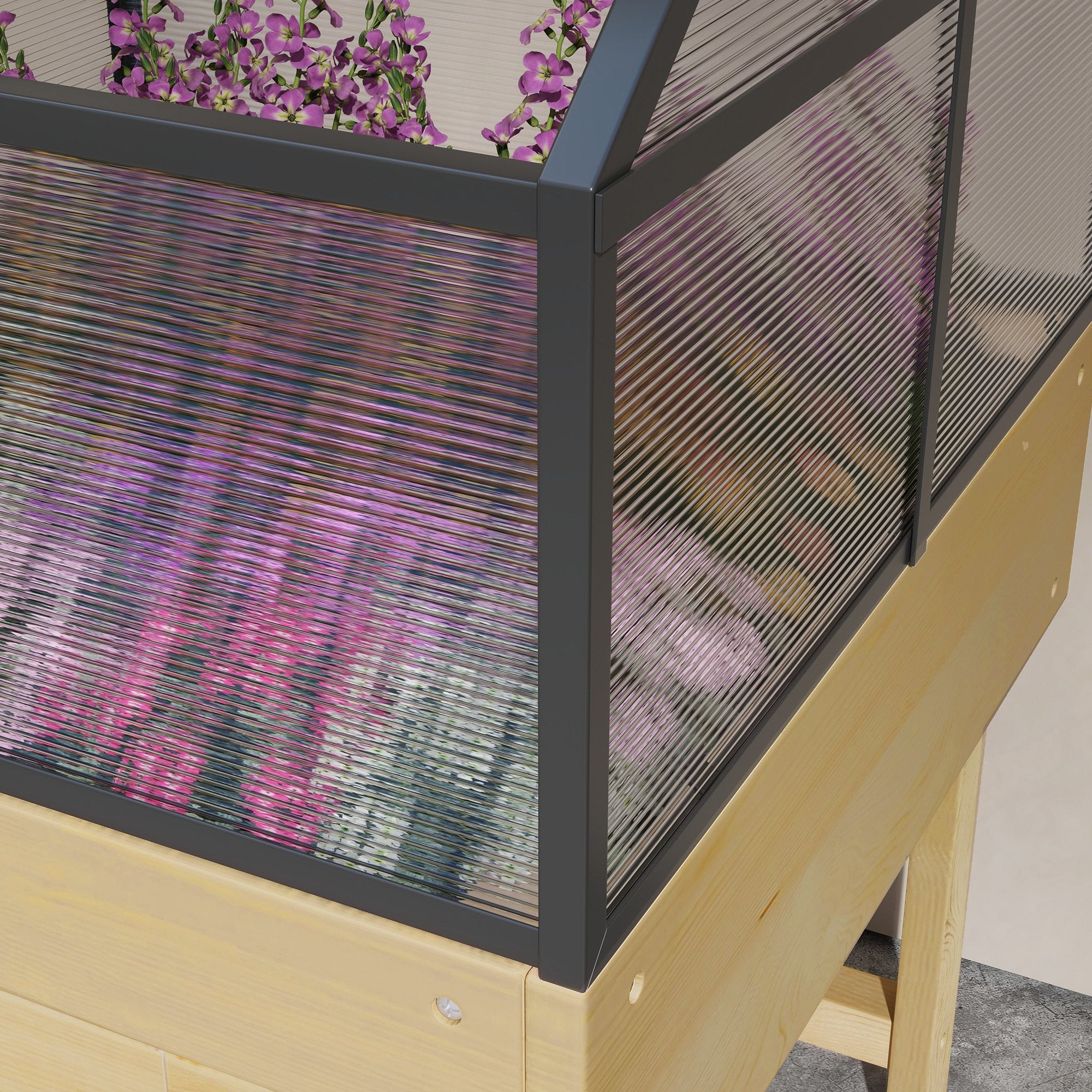 Mini Greenhouse on Legs - elevated planter - dimensions 60L x 57W x 103H cm - double openable polycarbonate panels, steel, treated fir wood