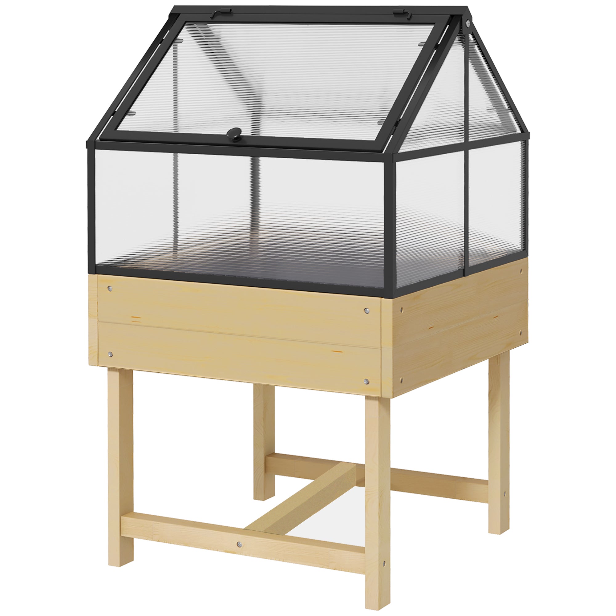 Mini Greenhouse on Legs - elevated planter - dimensions 60L x 57W x 103H cm - double openable polycarbonate panels, steel, treated fir wood