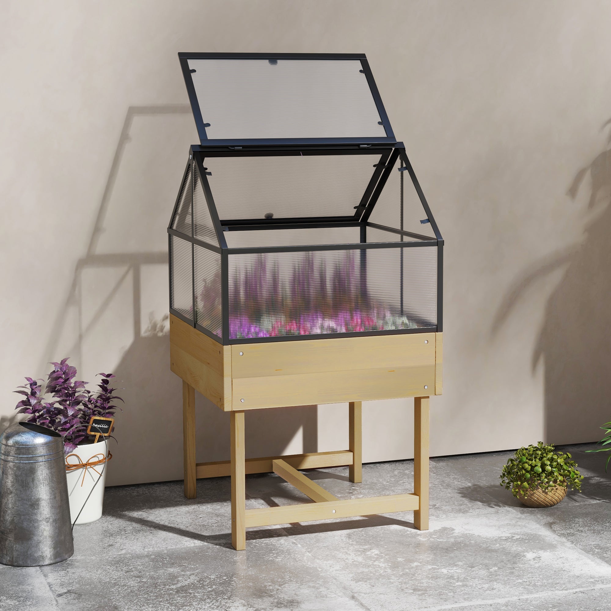 Mini Greenhouse on Legs - elevated planter - dimensions 60L x 57W x 103H cm - double openable polycarbonate panels, steel, treated fir wood