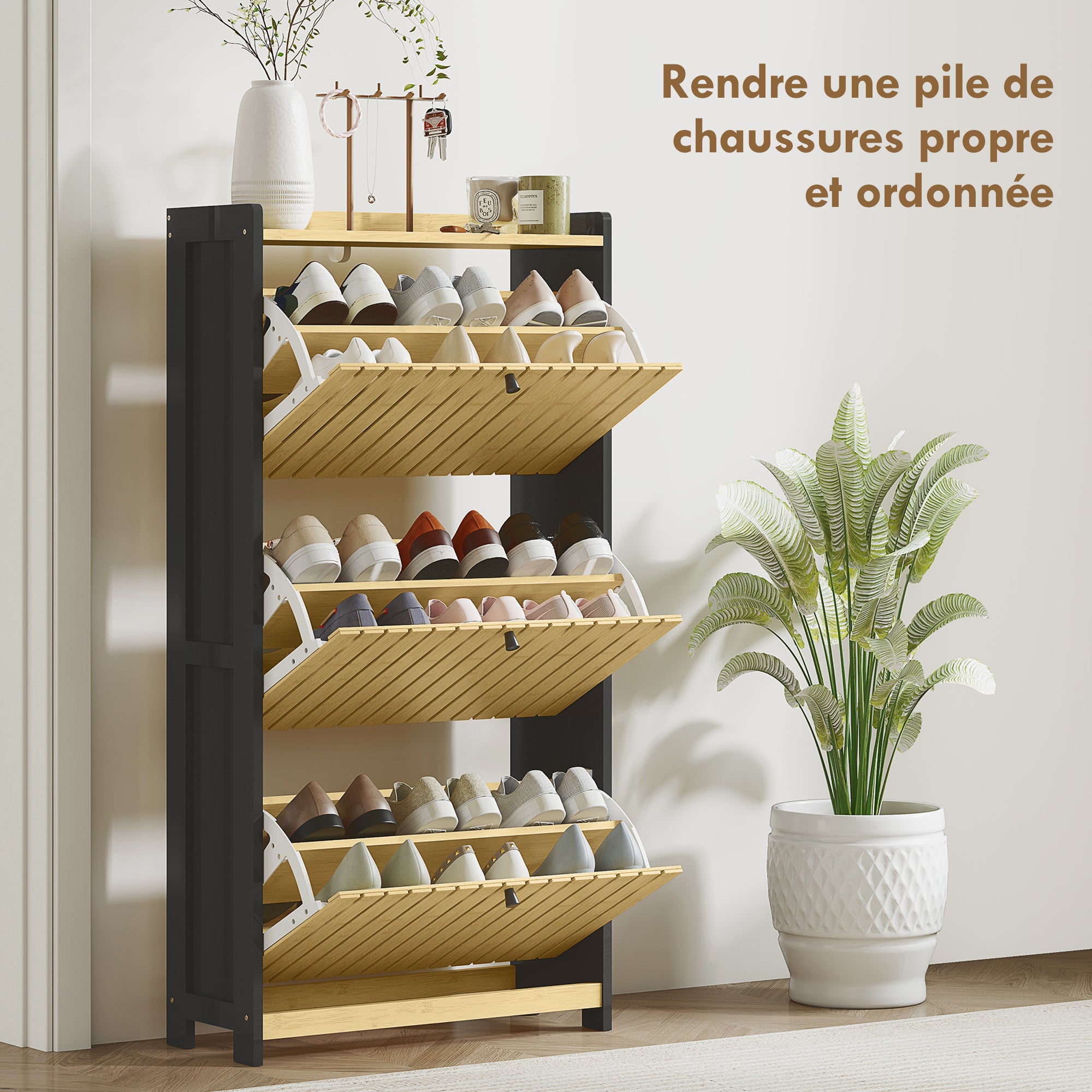 Shoe Cabinet for 18 Pairs, Narrow Shoe Storage, Entryway Furniture with 3 Foldable Drawers, Slatted Bamboo Doors, for Hallway and Entrance, 60x24x118cm, Black and Natural Wood