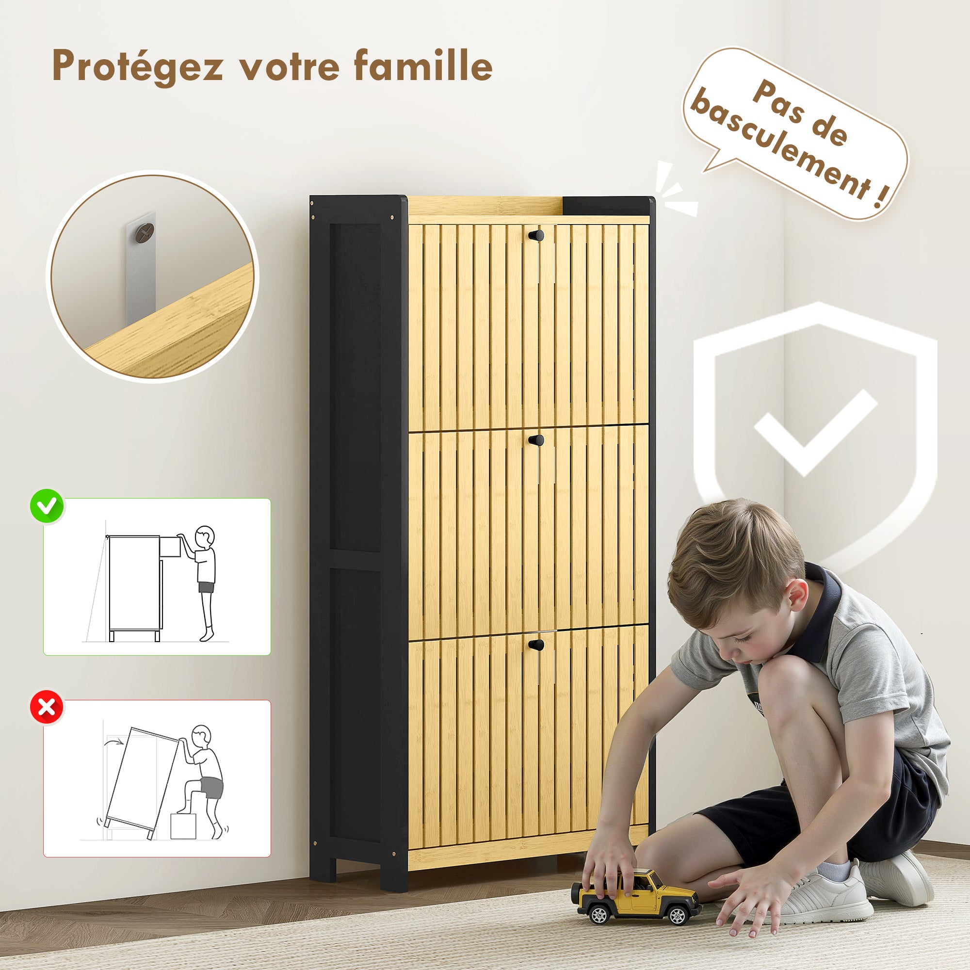 Shoe Cabinet for 18 Pairs, Narrow Shoe Storage, Entryway Furniture with 3 Foldable Drawers, Slatted Bamboo Doors, for Hallway and Entrance, 60x24x118cm, Black and Natural Wood