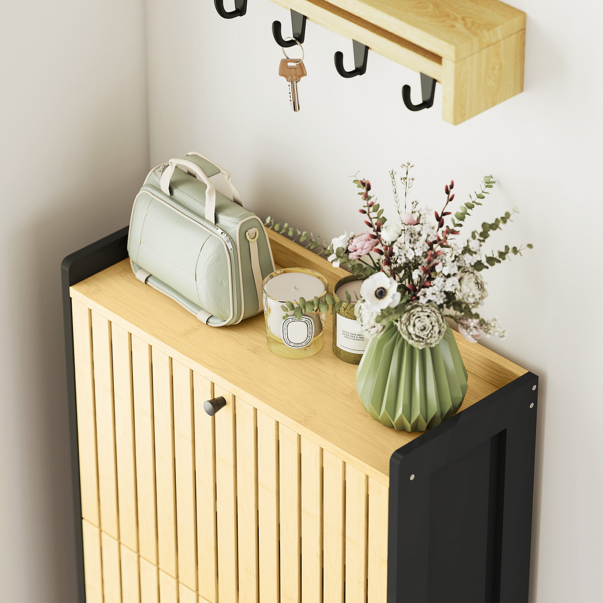 Shoe Cabinet for 18 Pairs, Narrow Shoe Storage, Entryway Furniture with 3 Foldable Drawers, Slatted Bamboo Doors, for Hallway and Entrance, 60x24x118cm, Black and Natural Wood