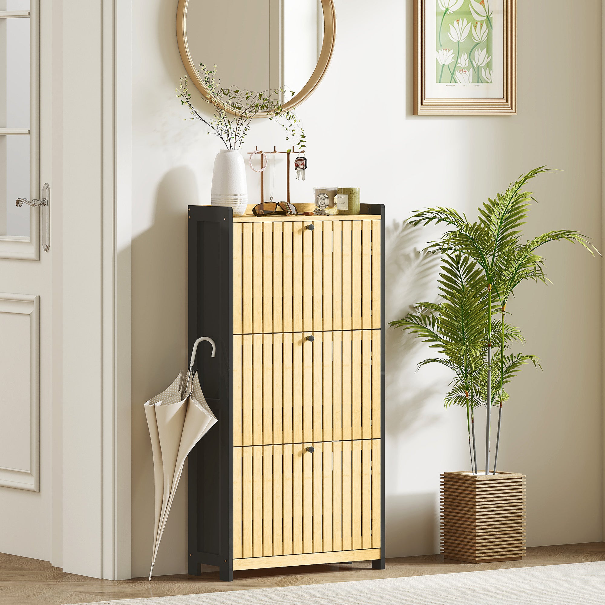 Shoe Cabinet for 18 Pairs, Narrow Shoe Storage, Entryway Furniture with 3 Foldable Drawers, Slatted Bamboo Doors, for Hallway and Entrance, 60x24x118cm, Black and Natural Wood