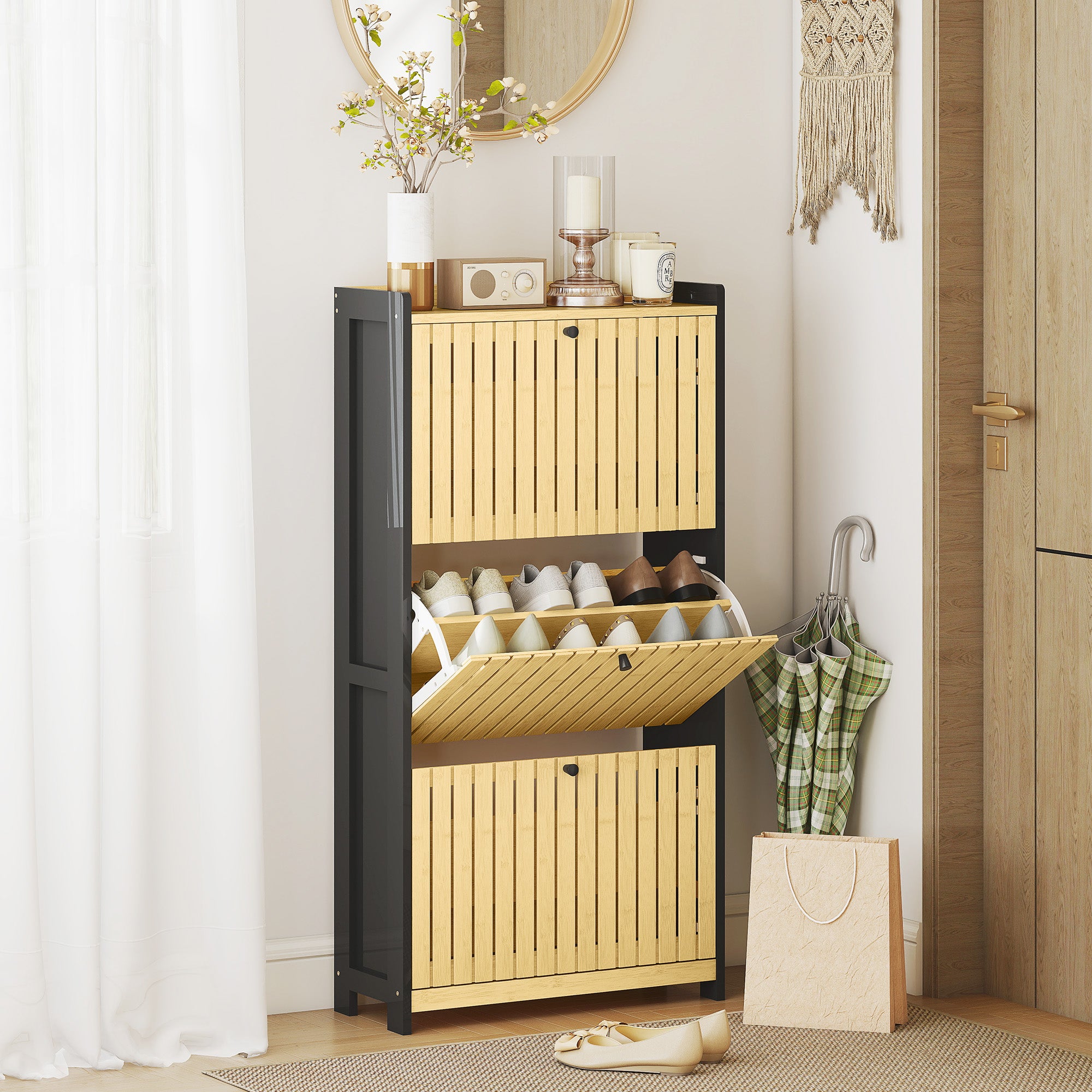 Shoe Cabinet for 18 Pairs, Narrow Shoe Storage, Entryway Furniture with 3 Foldable Drawers, Slatted Bamboo Doors, for Hallway and Entrance, 60x24x118cm, Black and Natural Wood