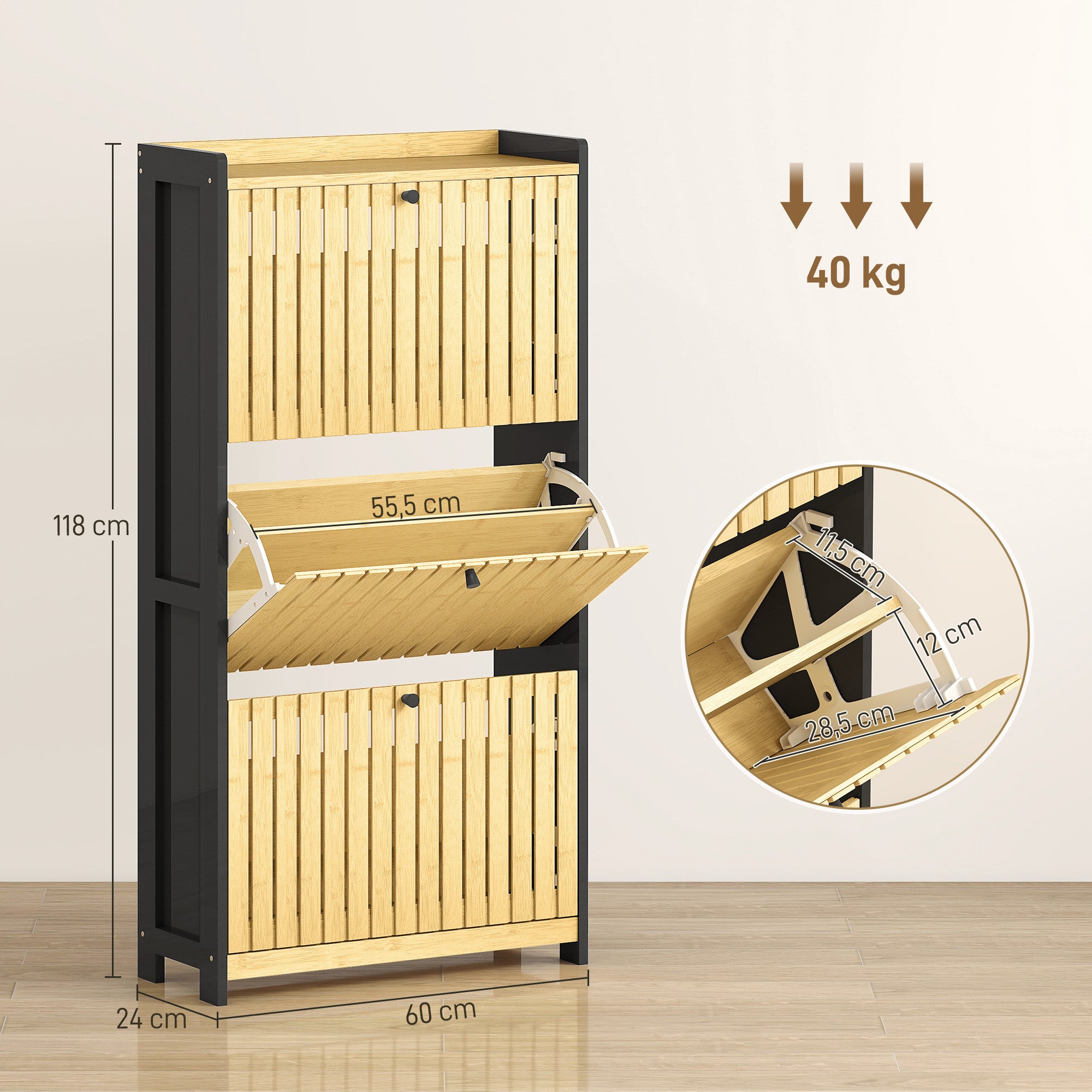 Shoe Cabinet for 18 Pairs, Narrow Shoe Storage, Entryway Furniture with 3 Foldable Drawers, Slatted Bamboo Doors, for Hallway and Entrance, 60x24x118cm, Black and Natural Wood