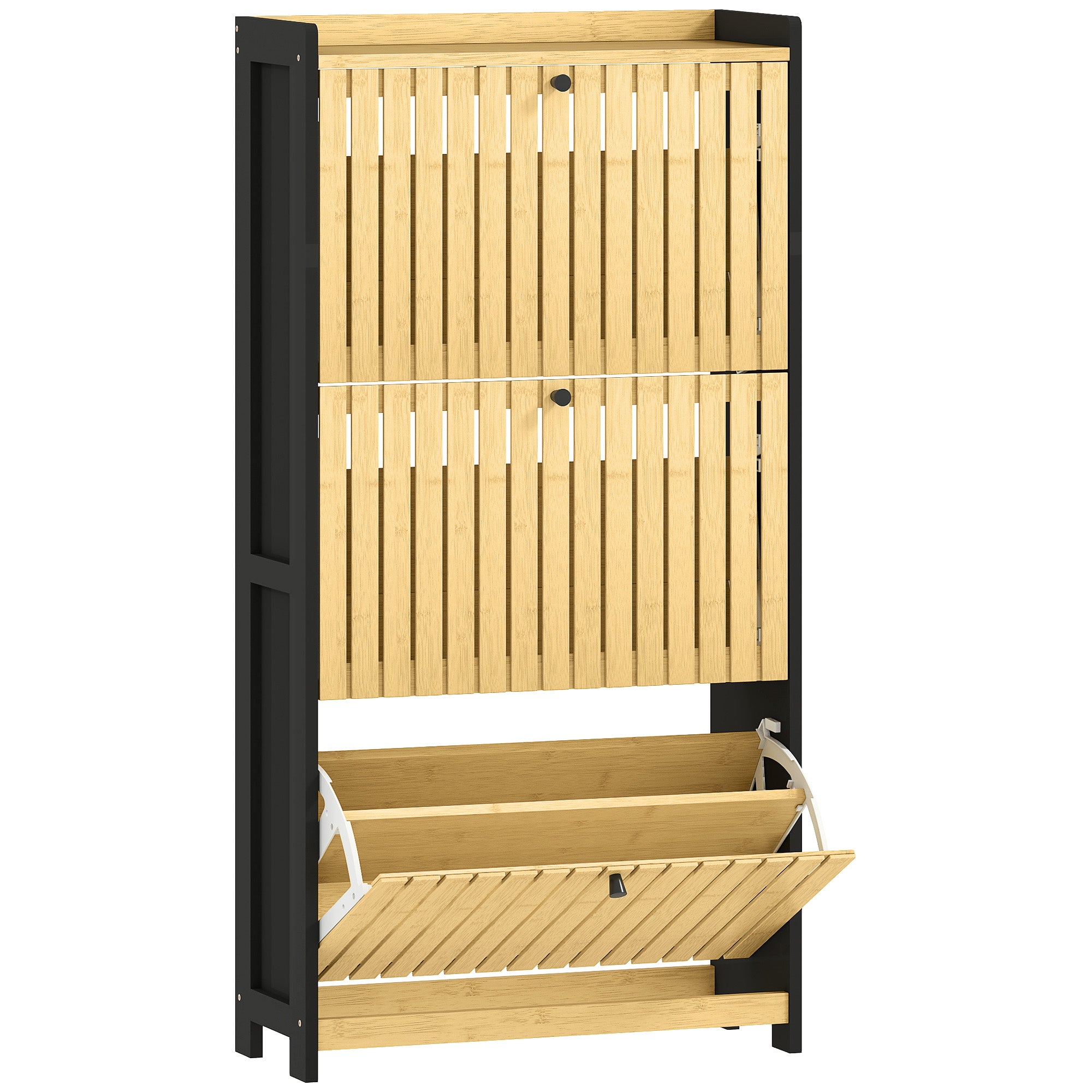 Shoe Cabinet for 18 Pairs, Narrow Shoe Storage, Entryway Furniture with 3 Foldable Drawers, Slatted Bamboo Doors, for Hallway and Entrance, 60x24x118cm, Black and Natural Wood