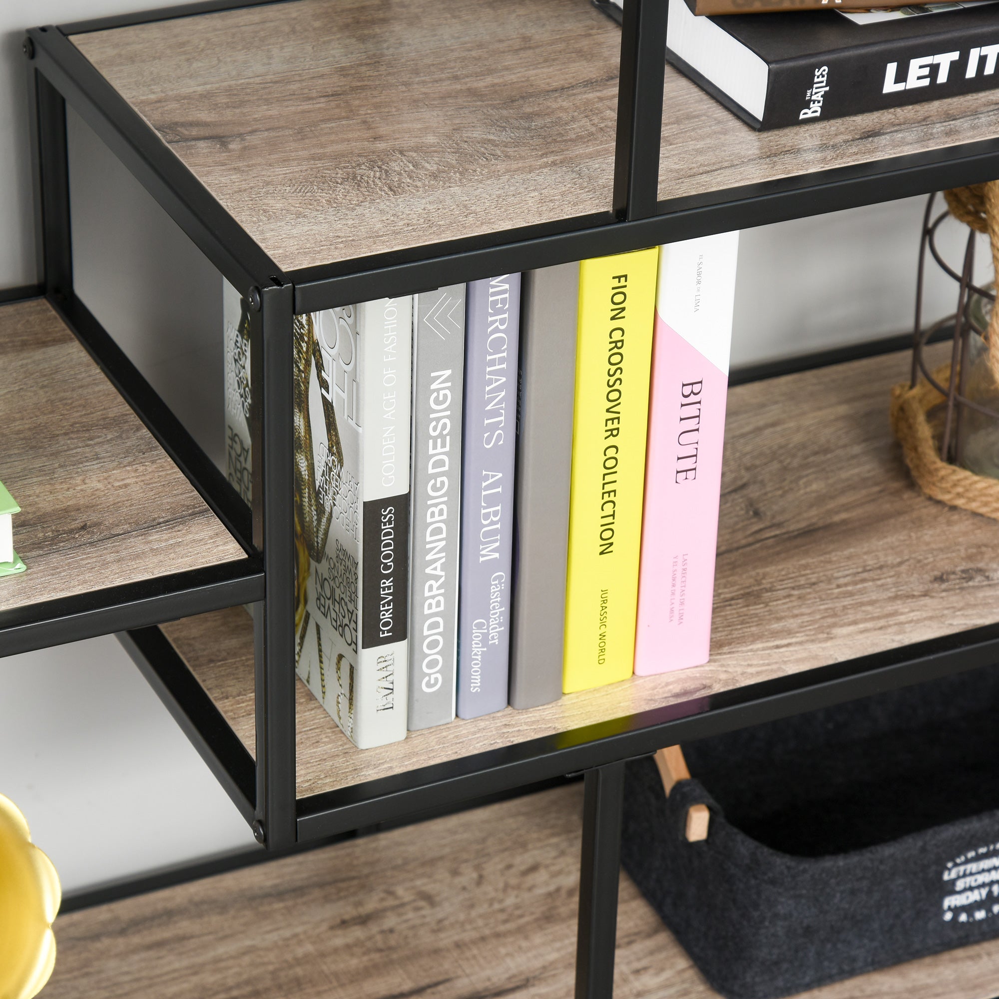 Standing Shelf, Bookshelf Storage Shelf Industrial Style, File Shelf, Kitchen Shelf, P2 Particle Board, Metal, Black + Light Oak, 120 x 32 x 95 cm