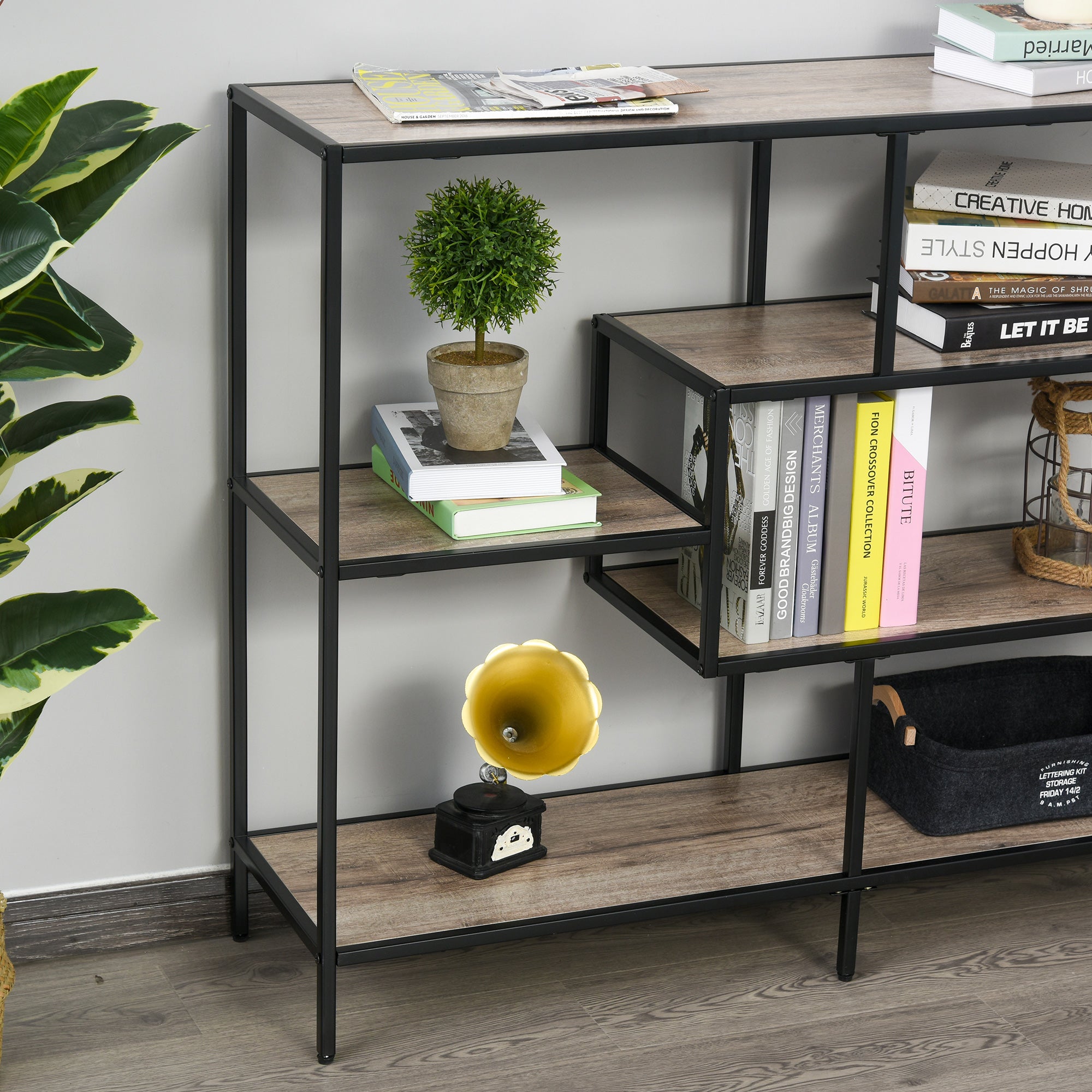 Standing Shelf, Bookshelf Storage Shelf Industrial Style, File Shelf, Kitchen Shelf, P2 Particle Board, Metal, Black + Light Oak, 120 x 32 x 95 cm