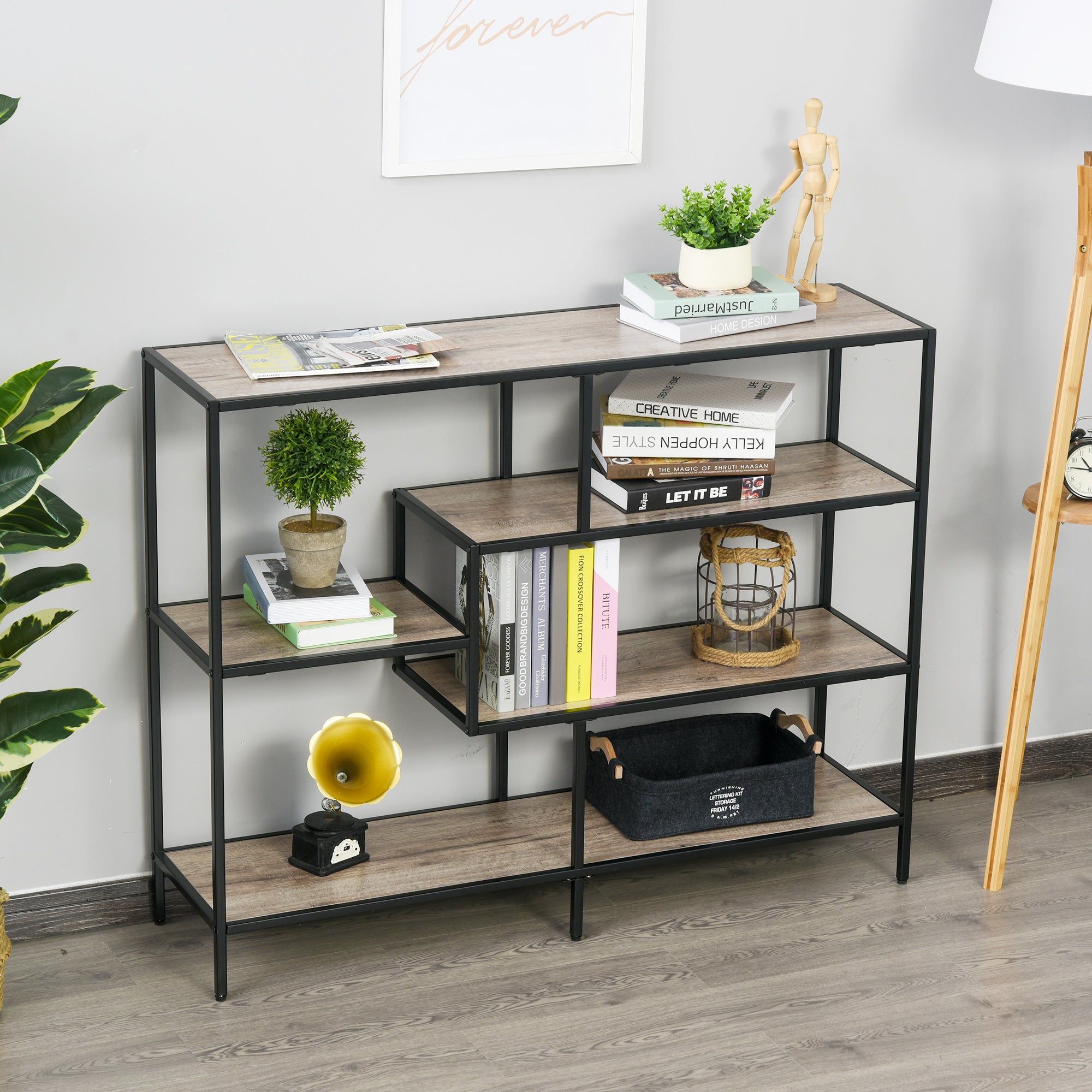 Standing Shelf, Bookshelf Storage Shelf Industrial Style, File Shelf, Kitchen Shelf, P2 Particle Board, Metal, Black + Light Oak, 120 x 32 x 95 cm
